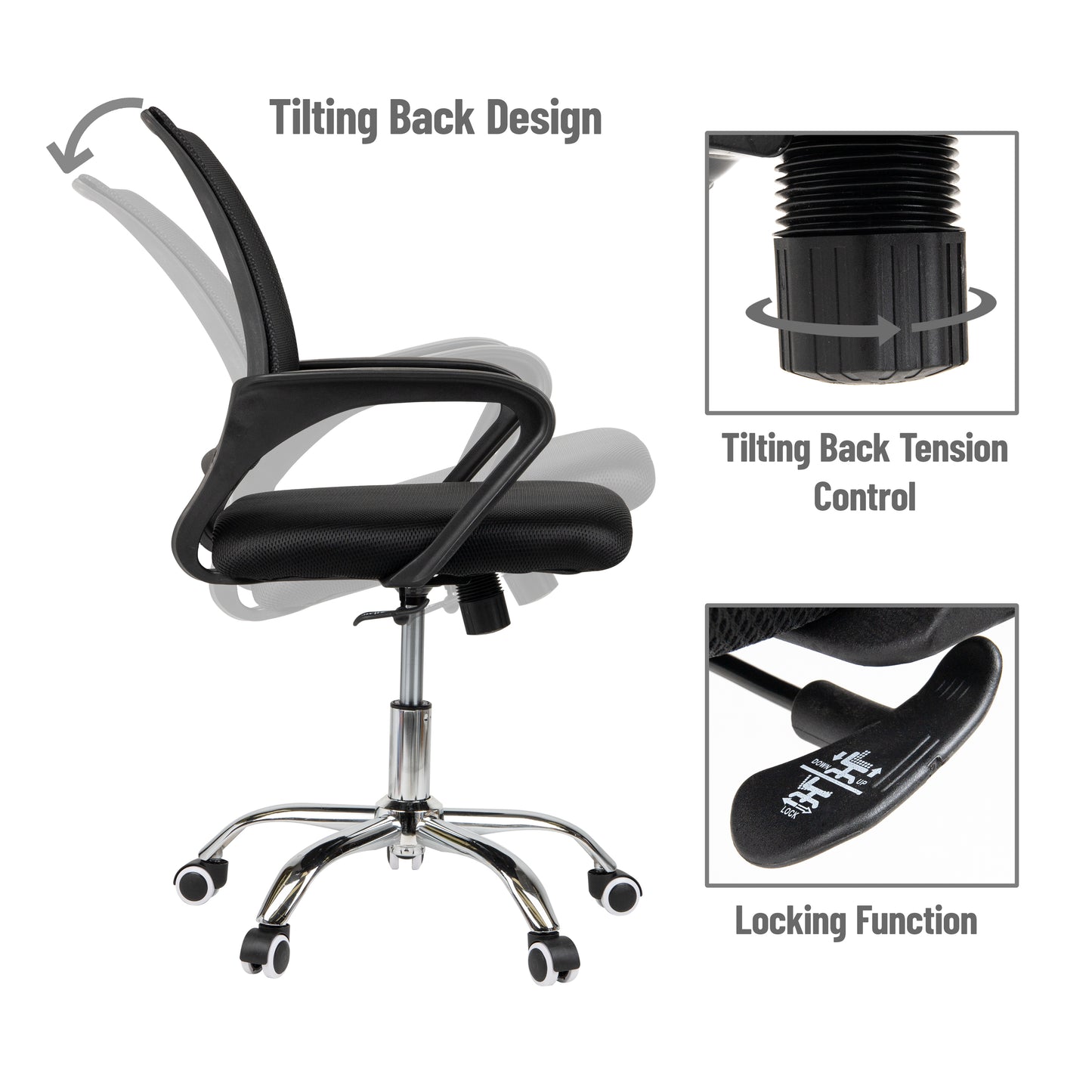 Mind Reader Swivel Office Chair with Wheels, Height Adjustable, Desk Chair, Computer Chair, 22.5"L x 22.5"W x 33-37"H, Black