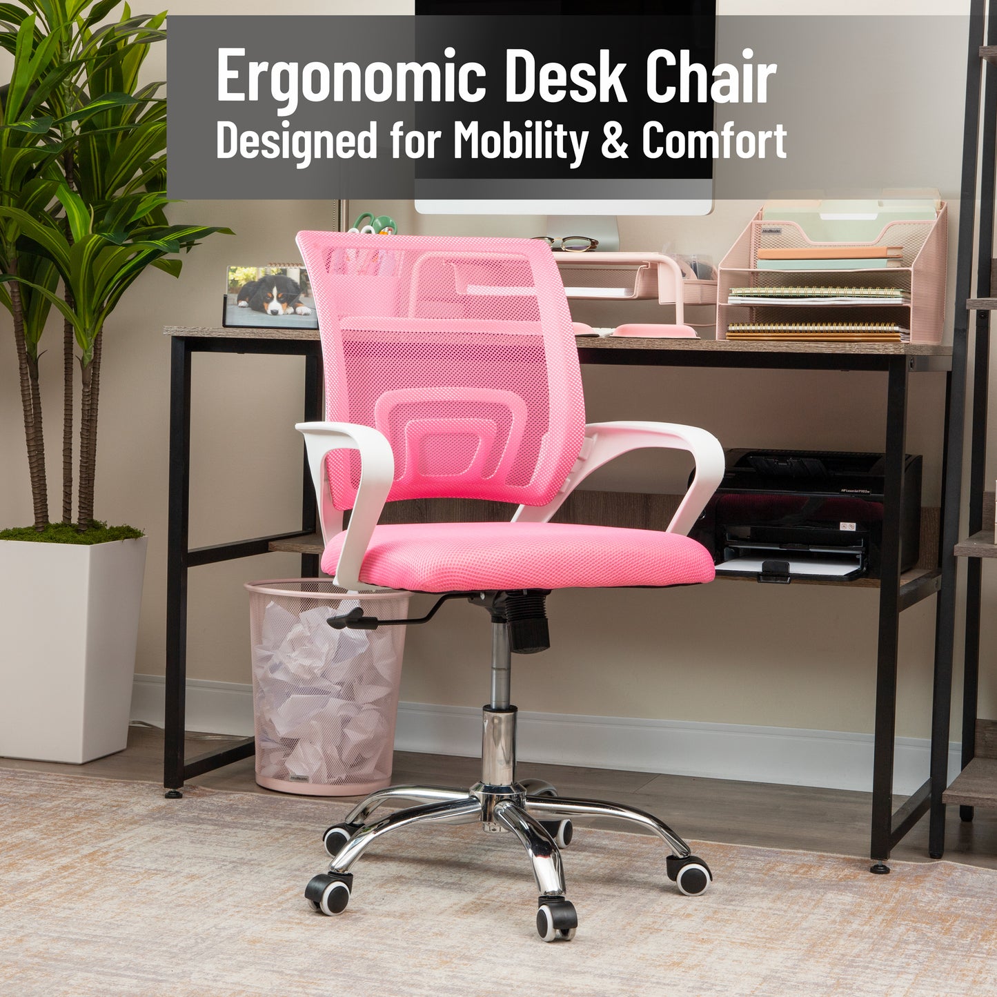 Mind Reader Office Chair with Wheels, Height Adjustable Mesh Desk Chair with Armrests and Lumbar Support, Computer Chair, Pink