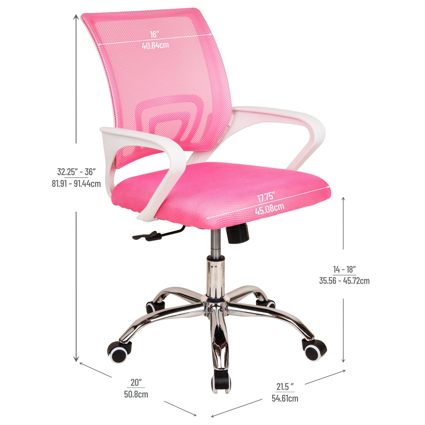 Mind Reader Office Chair with Wheels, Height Adjustable Mesh Desk Chair with Armrests and Lumbar Support, Computer Chair, Pink