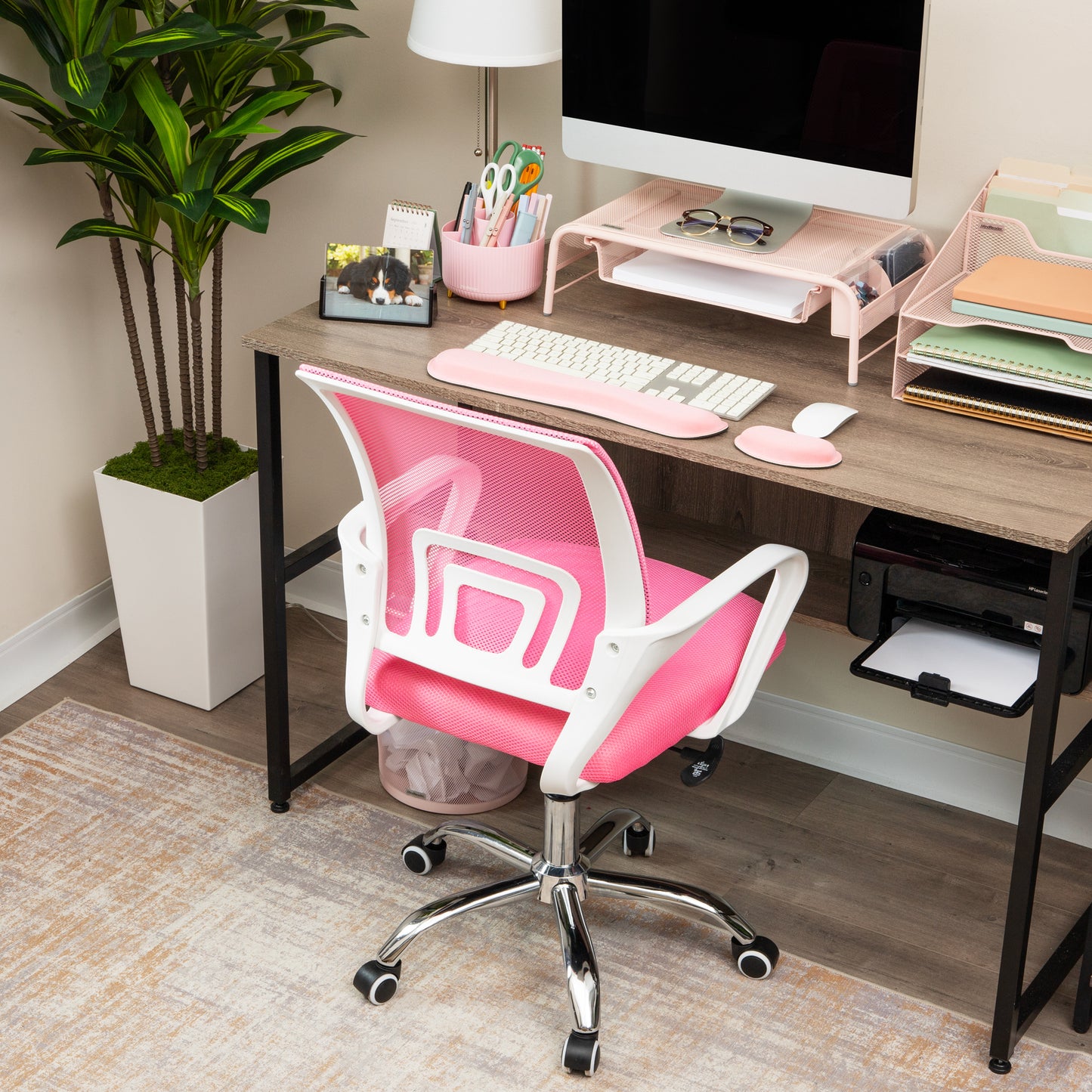 Mind Reader Office Chair with Wheels, Height Adjustable Mesh Desk Chair with Armrests and Lumbar Support, Computer Chair, Pink