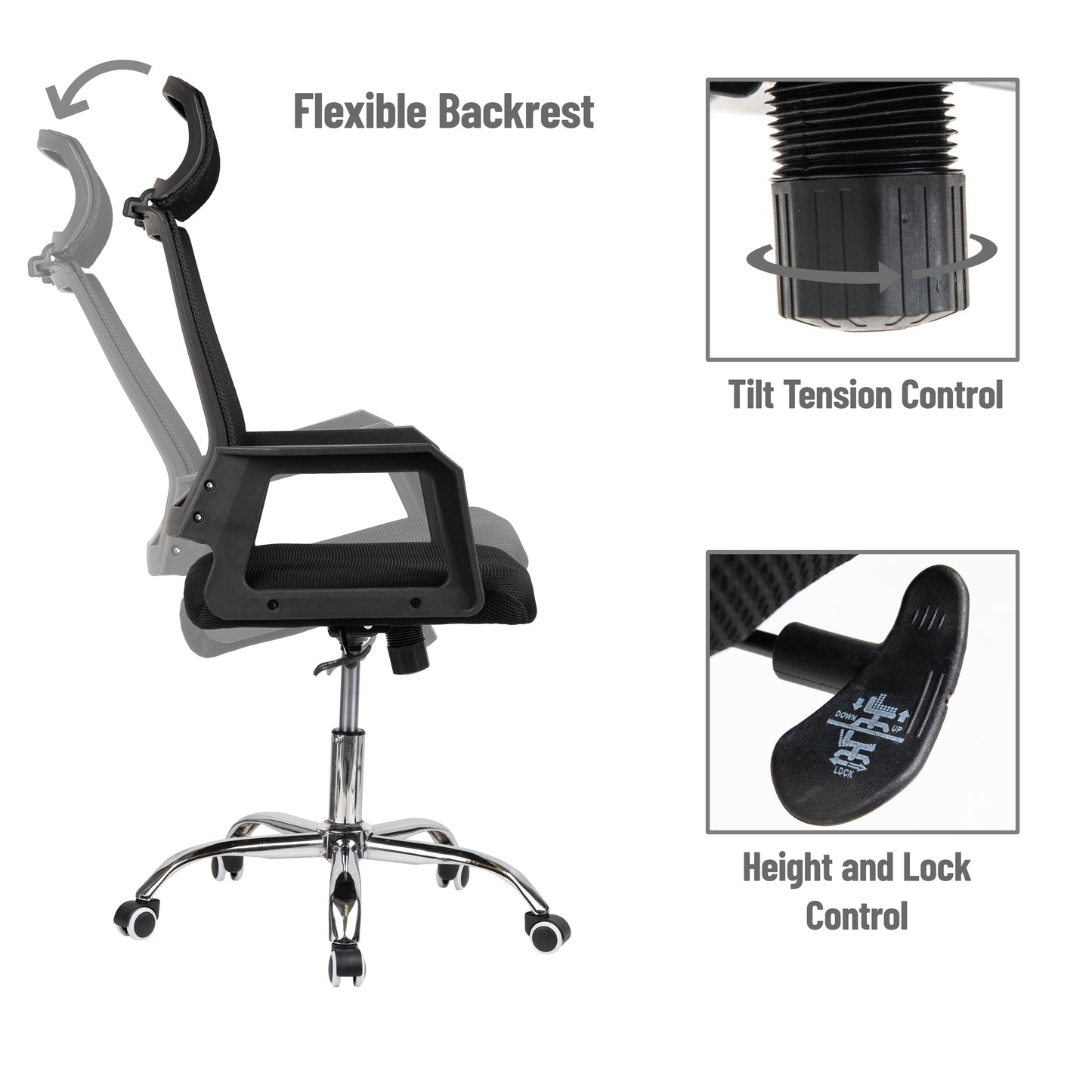 Mind Reader Swivel Office Chair with Wheels, Height Adjustable, Desk Chair, Office, 23"L x 20"W x 44-48"H, Black