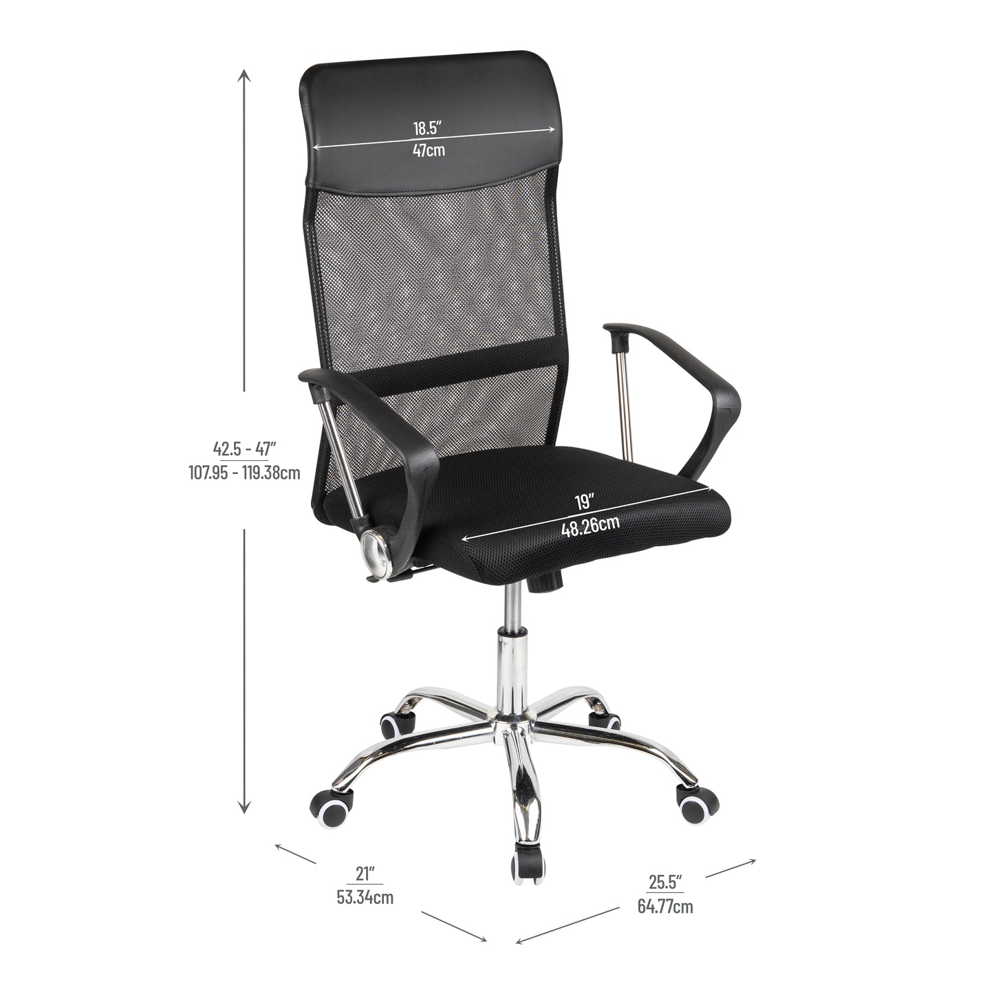 Mind Reader Swivel Office Chair with Headrest, Height Adjustable, Desk Chair, Office, 25.5"L x 21"W x 42.5-47"H, Black