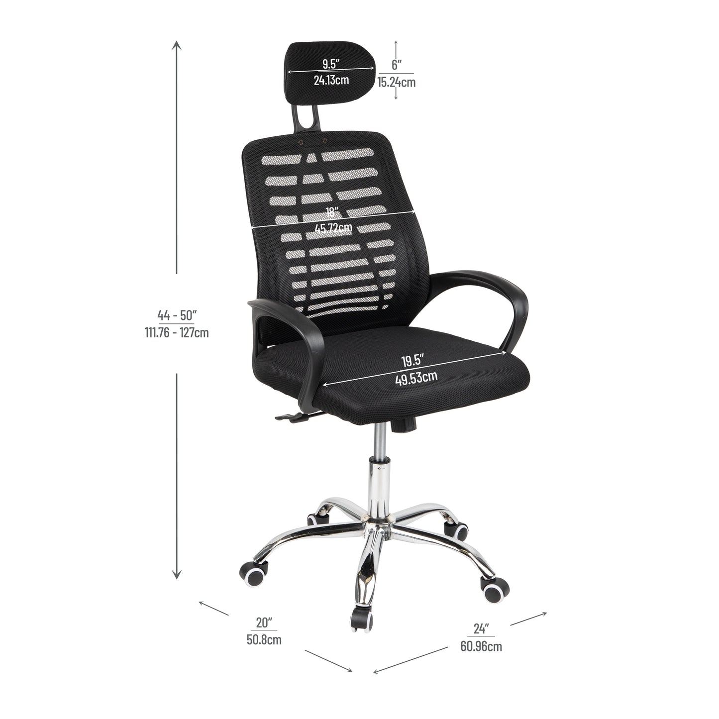 Mind Reader Swivel Office Chair with Headrest, Height Adjustable, Desk Chair, Office, 24"L x 20"W x 44-50"H, Black