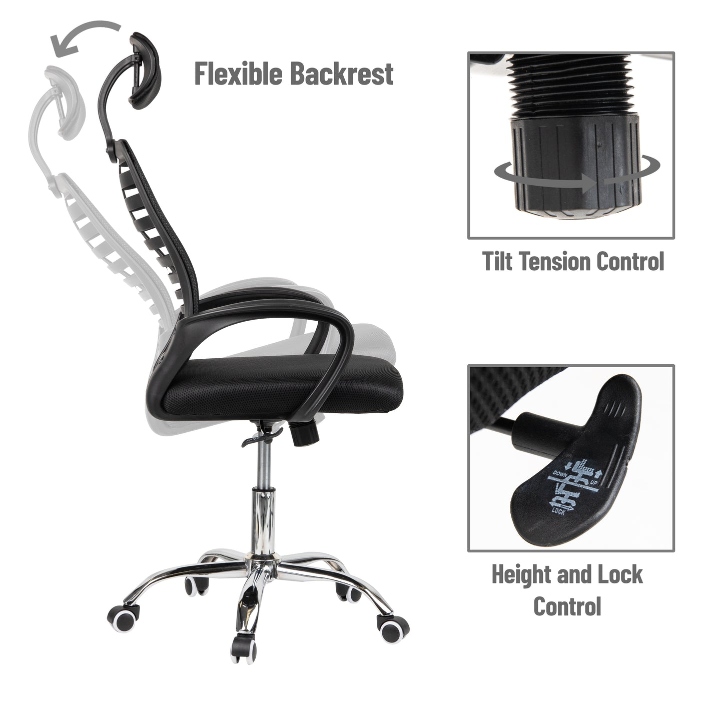 Mind Reader Swivel Office Chair with Headrest, Height Adjustable, Desk Chair, Office, 24"L x 20"W x 44-50"H, Black