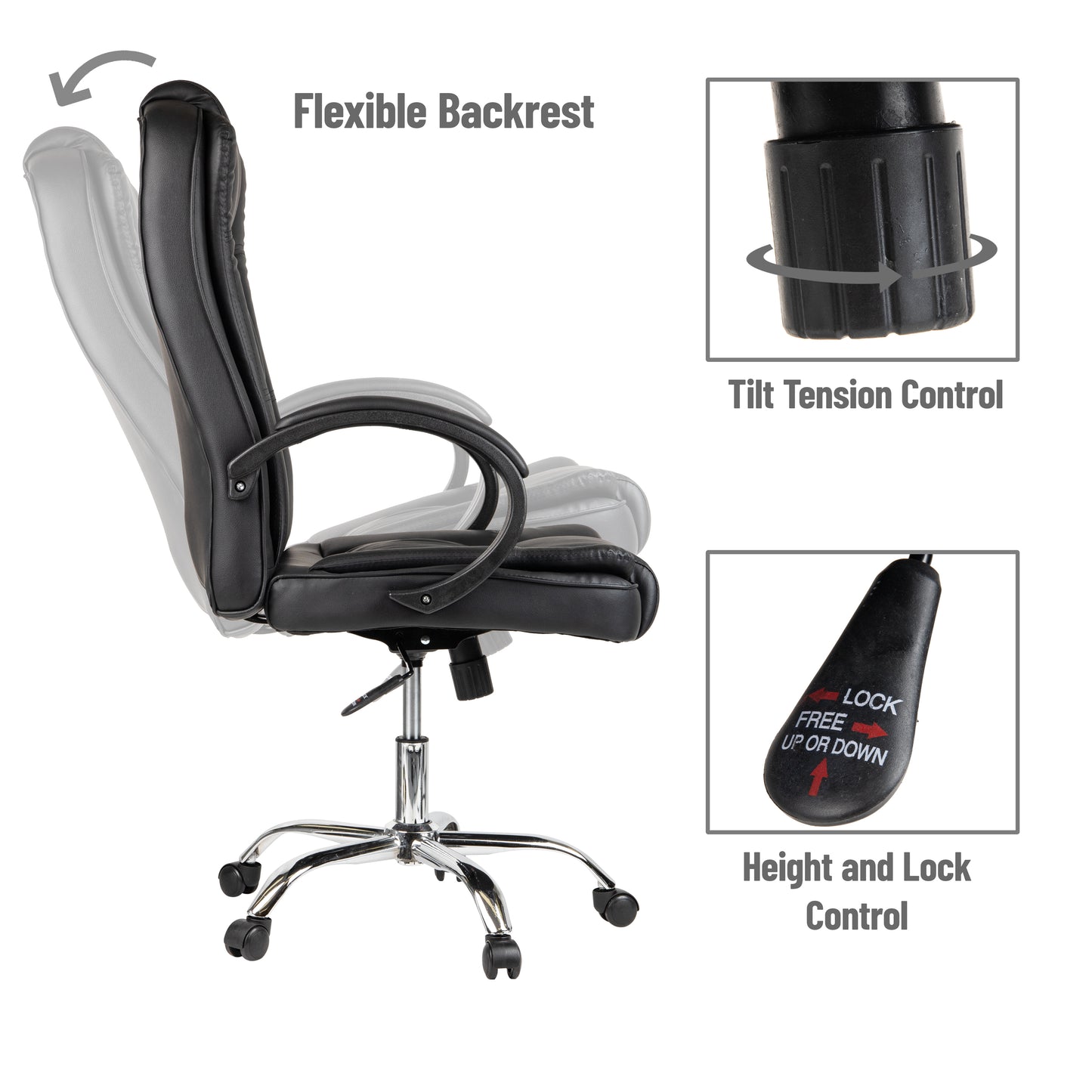 Mind Reader Executive Office Chair with Headrest, Height Adjustable, Desk Chair, Office, 23"L x 25"W x 45-49"H, Black