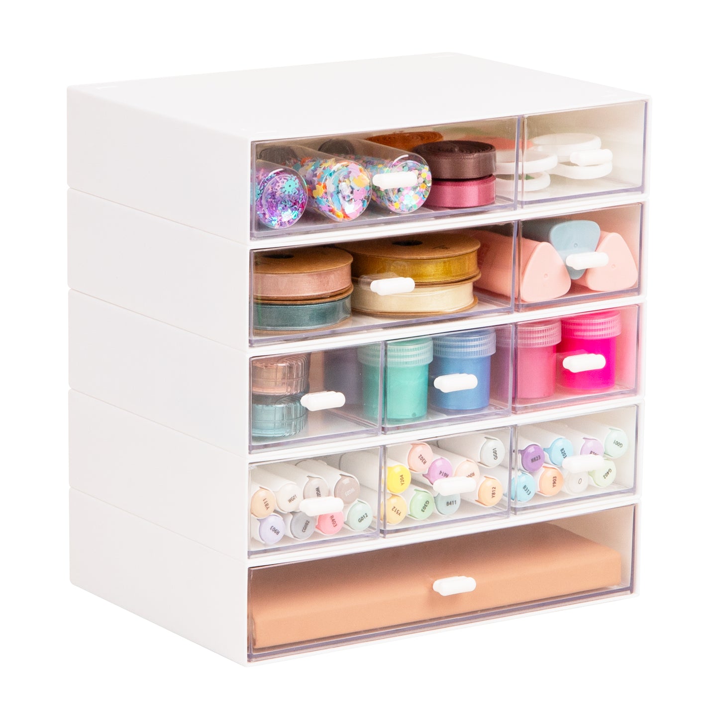 Mind Reader Stackable Craft Organizer with Drawers, Modular Storage Tower, Interlocking Design for Art Supplies, Office Supplies, Sewing, Beads, Plastic, Set of 5, White
