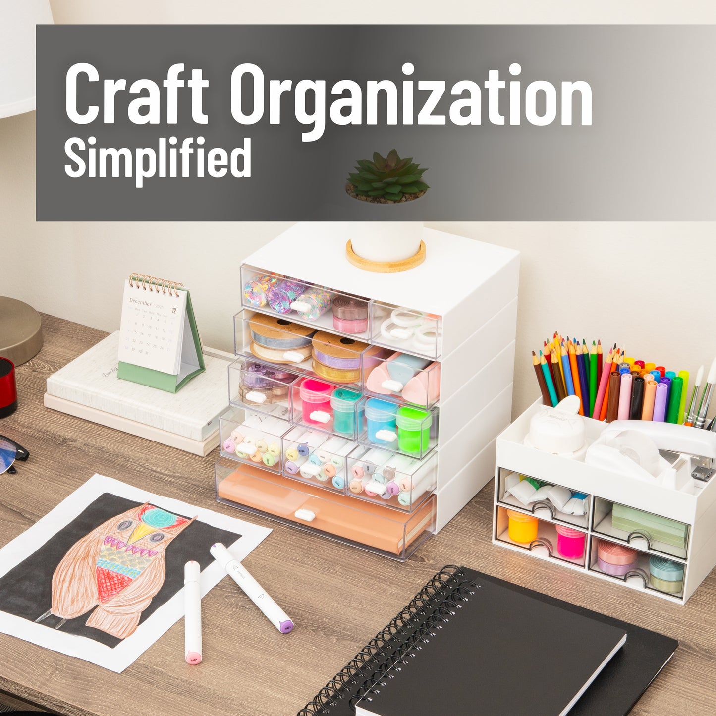 Mind Reader Stackable Craft Organizer with Drawers, Modular Storage Tower, Interlocking Design for Art Supplies, Office Supplies, Sewing, Beads, Plastic, Set of 5, White