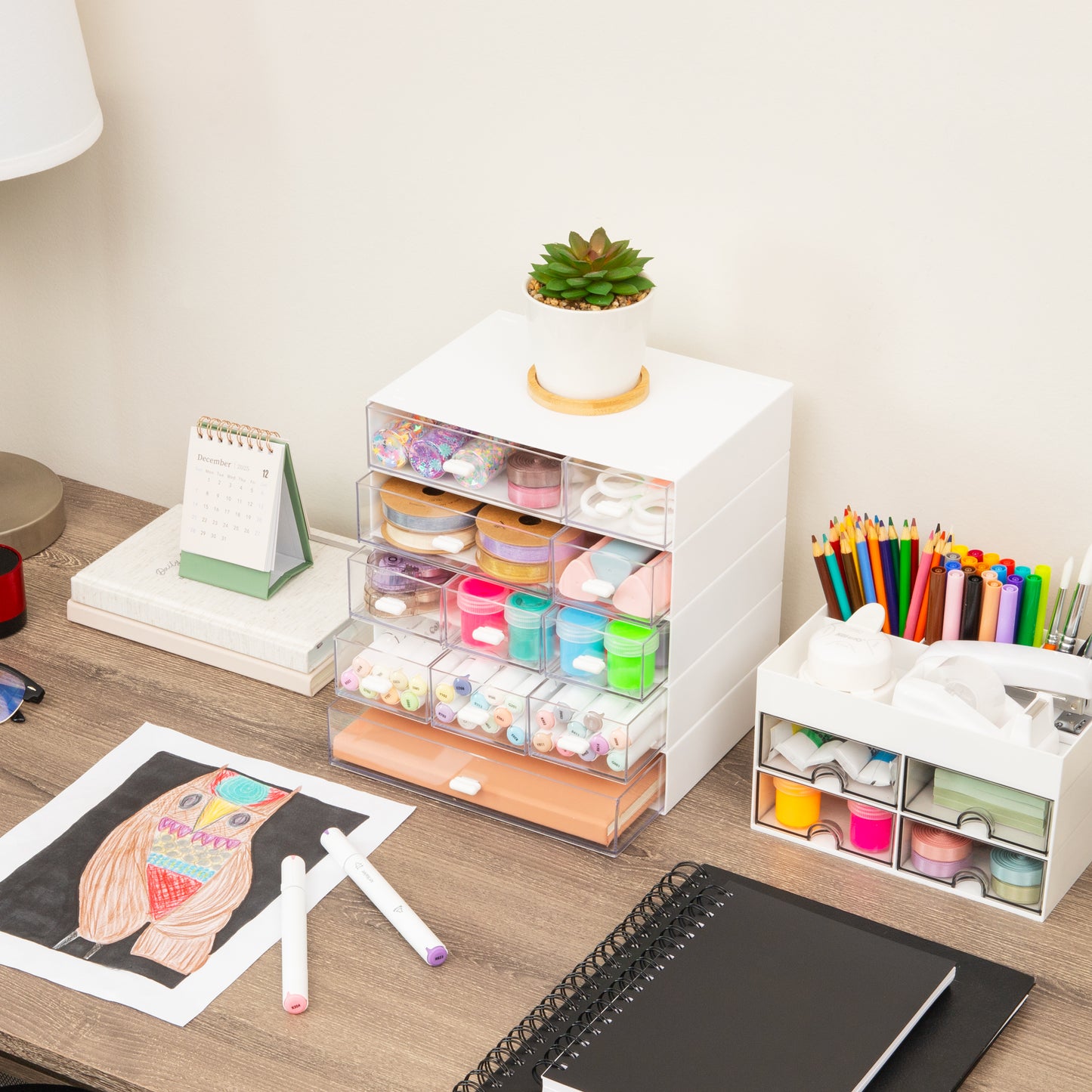Mind Reader Stackable Craft Organizer with Drawers, Modular Storage Tower, Interlocking Design for Art Supplies, Office Supplies, Sewing, Beads, Plastic, Set of 5, White