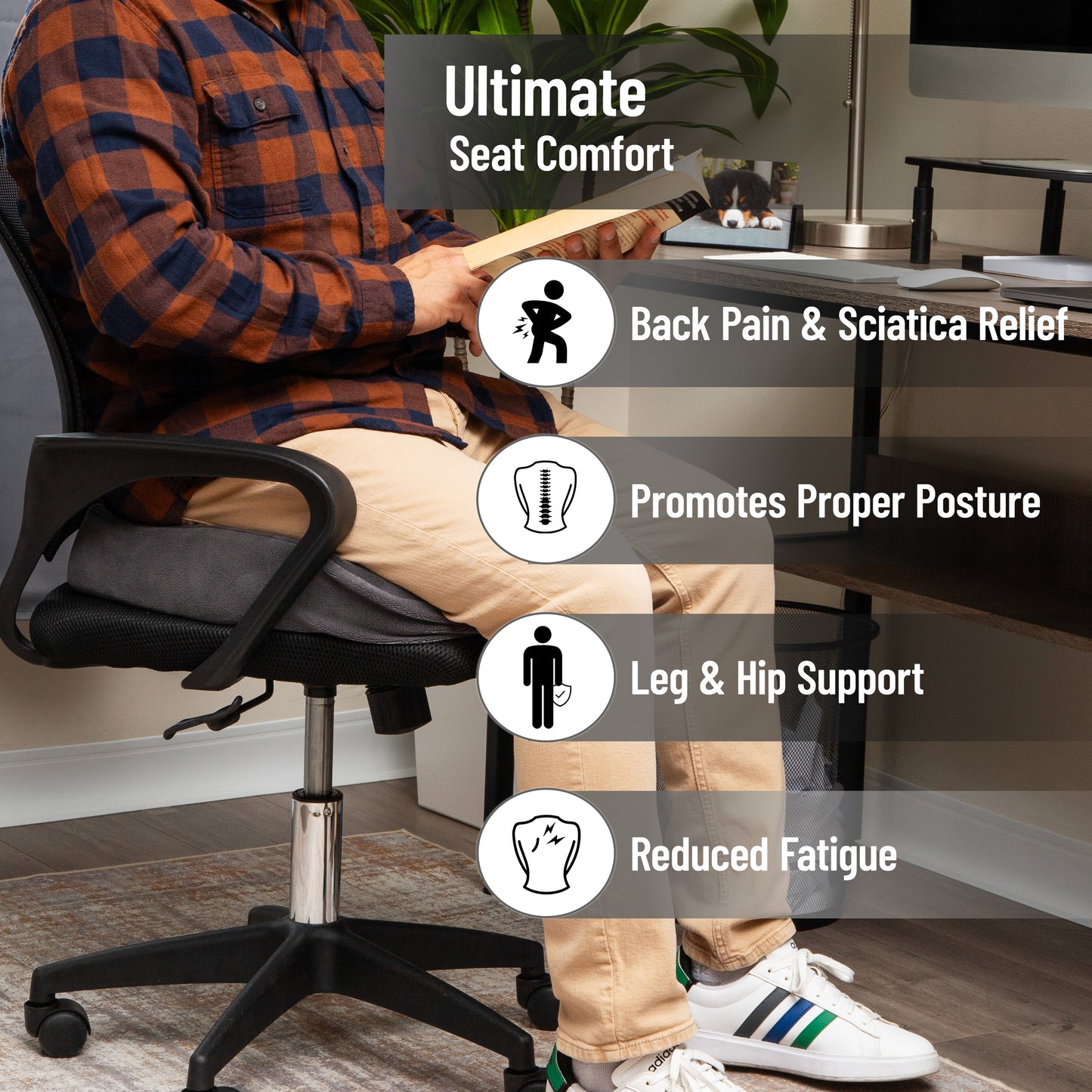 Mind Reader Memory Foam Seat Cushion, Ergonomic Pressure Relief for Office, Car, and More, Relieves Hip, Tailbone, Coccyx & Sciatica Pain, 18"L x 16.75"W x 4"H