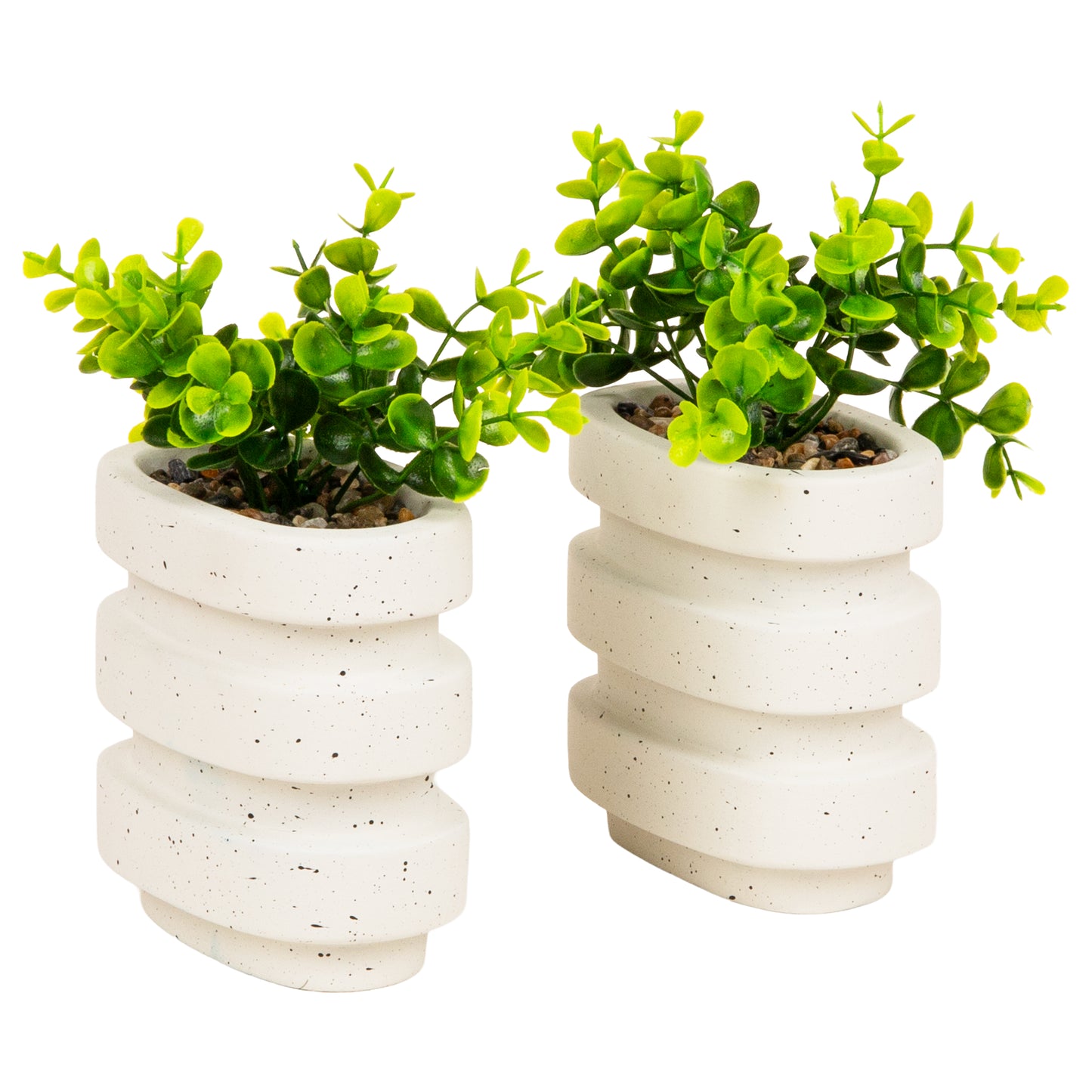 Mind Reader Ribbed Cement Planter Bookends, Faux Greenery for Shelves and Desk Decor, Set of 2, White