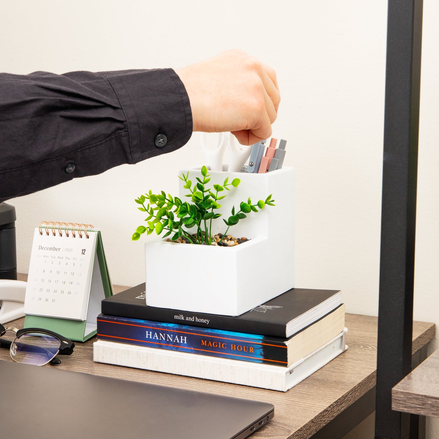 Mind Reader Ceramic Desktop Planter Pencil Cup, Desk Organizer with Faux Succulent, White
