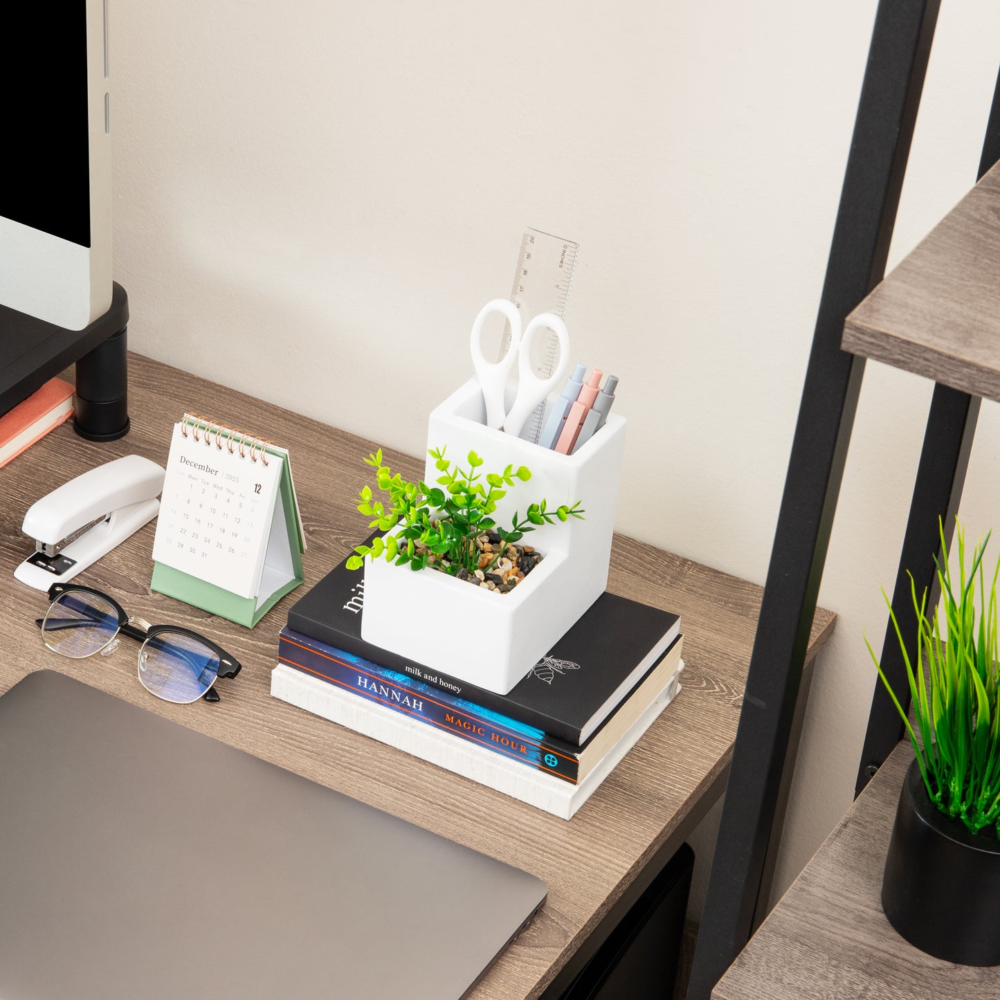 Mind Reader Ceramic Desktop Planter Pencil Cup, Desk Organizer with Faux Succulent, White