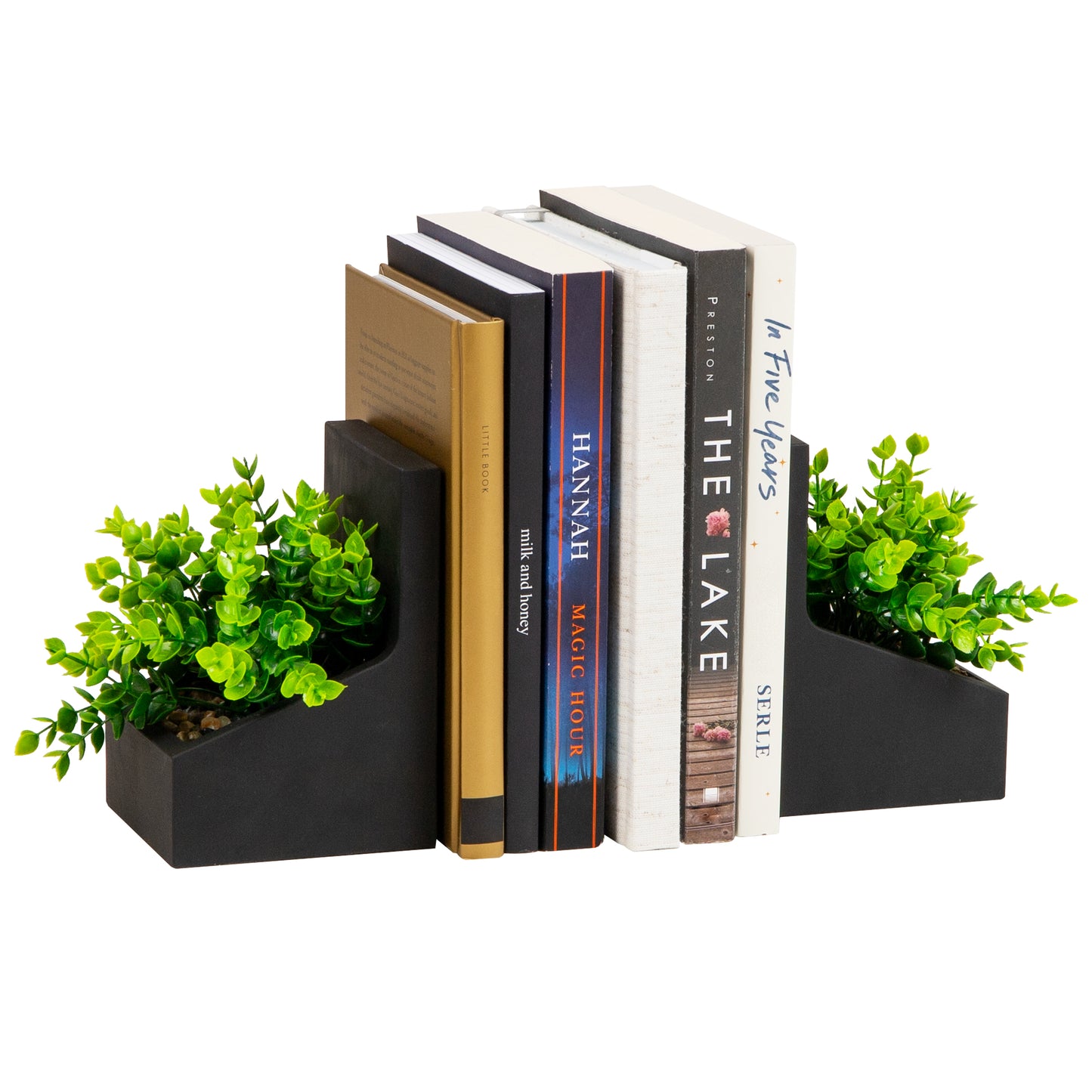 Mind Reader Contemporary Planter Bookends, Book Holders with Faux Greenery, Decorative Desktop or Shelf Organizer, Cement, Set of 2, Black