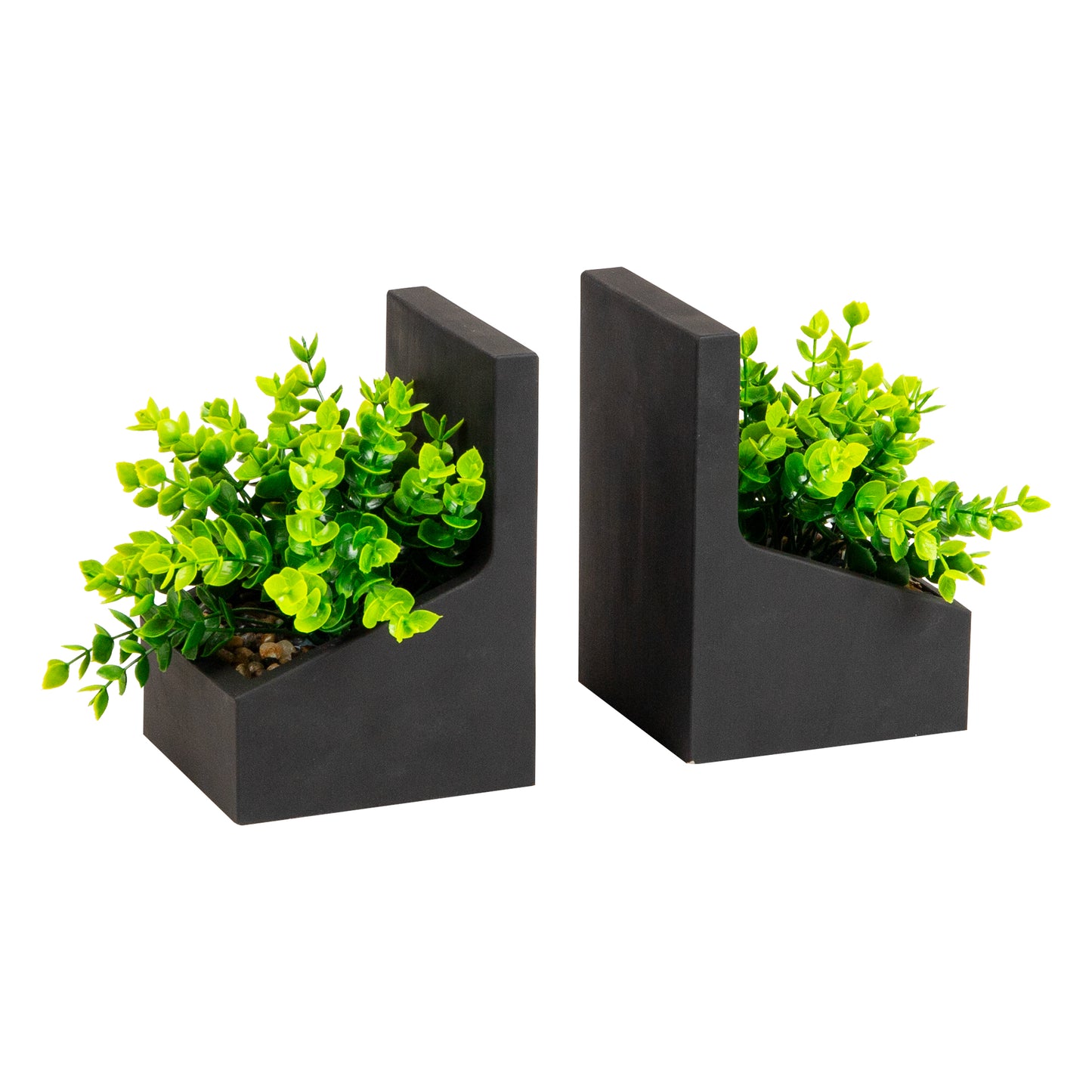 Mind Reader Contemporary Planter Bookends, Book Holders with Faux Greenery, Decorative Desktop or Shelf Organizer, Cement, Set of 2, Black
