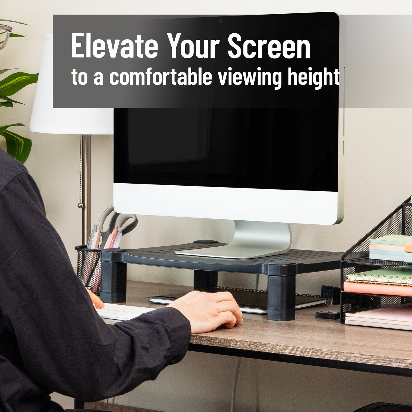 Mind Reader Monitor Stand, Height Adjustable, Desktop Organizer, Laptop Riser, Office, 17.25"L x 13.25"W x 4"H, Black