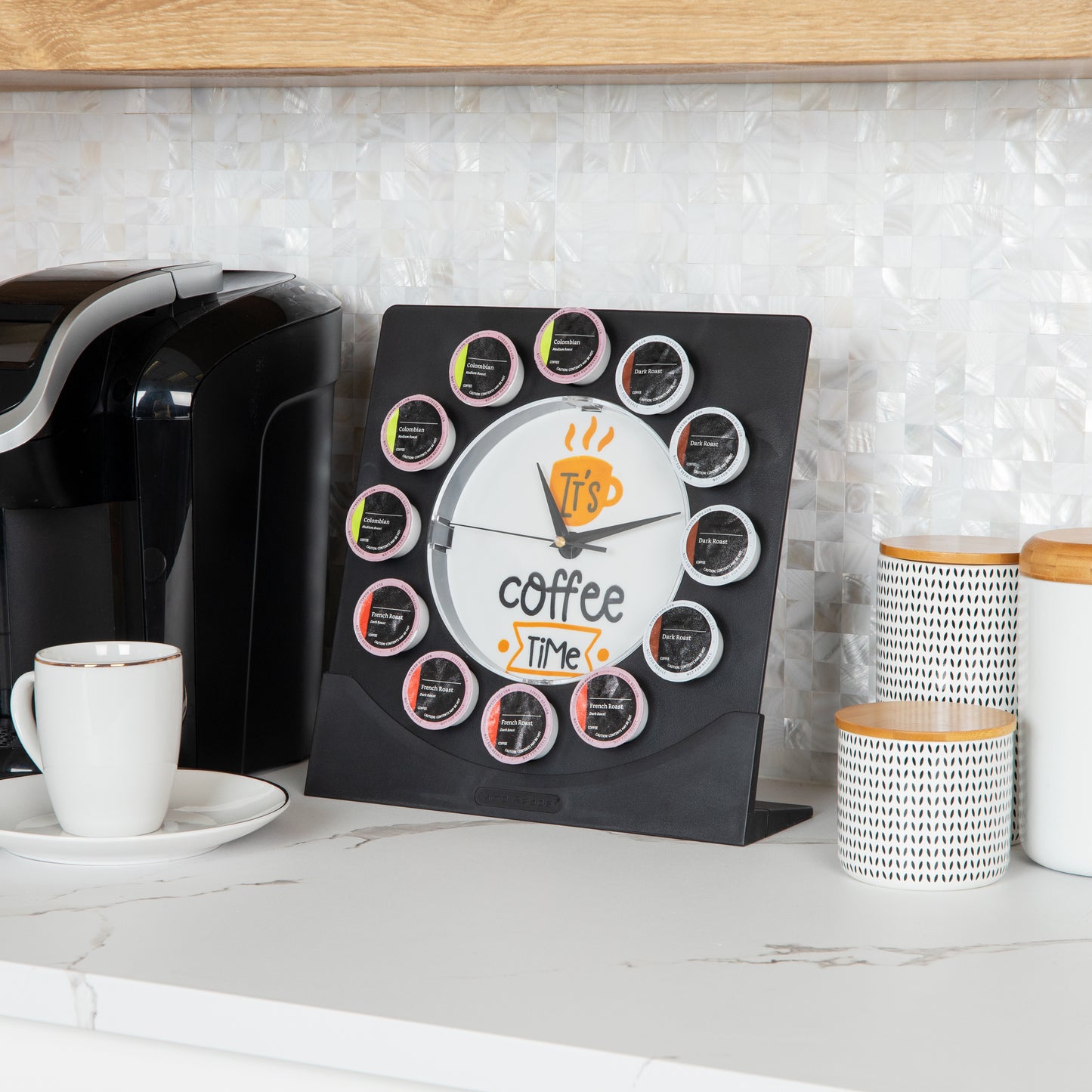 Mind Reader Single Serve Coffee Pod Clock, 12 Pod Capacity, Countertop or Wall Mount, 12.5"L x 4.25"W x 12.25"H, Black