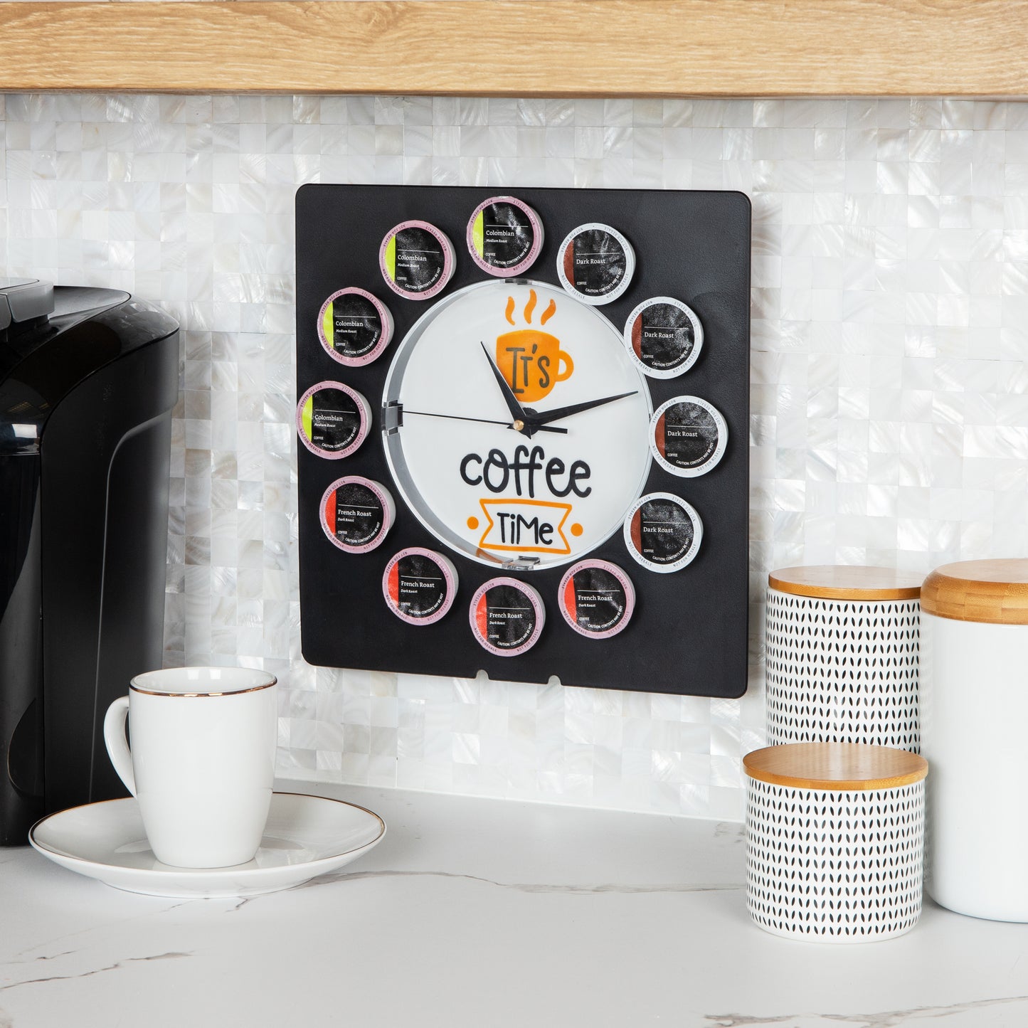 Mind Reader Single Serve Coffee Pod Clock, 12 Pod Capacity, Countertop or Wall Mount, 12.5"L x 4.25"W x 12.25"H, Black