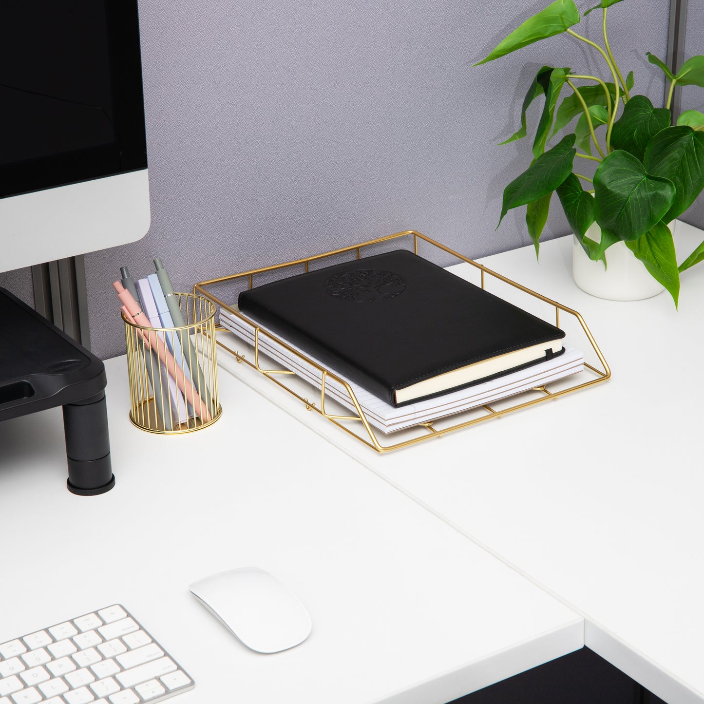 Mind Reader Gold Geometric Paper Tray, Modern Organizer for Documents, Folders, and Office Supplies, Durable and Stylish, Metal, 10"L x 12.25"W x 2"H, Gold