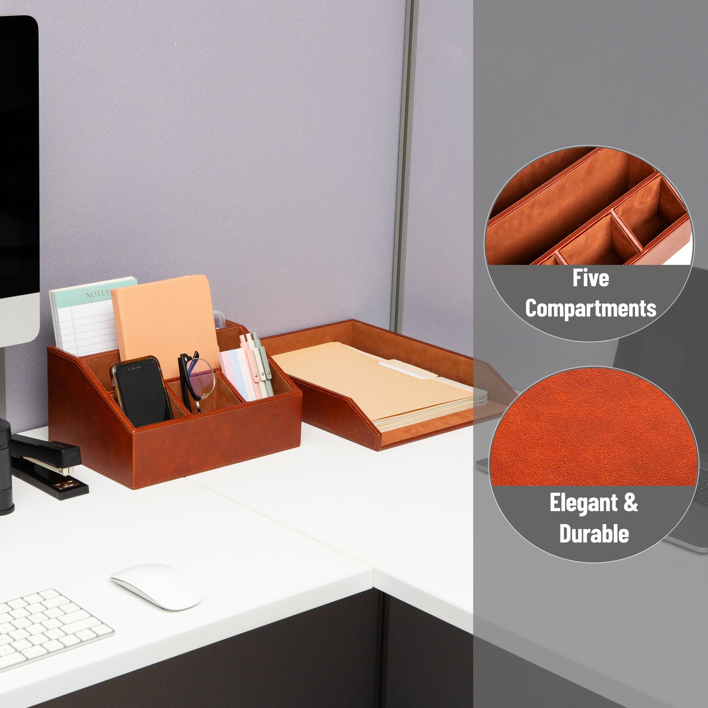 Mind Reader PU Leather Desk Organizer and Letter Tray Set, Stackable Paper Tray, Pen Cup and Card Holder, Brown