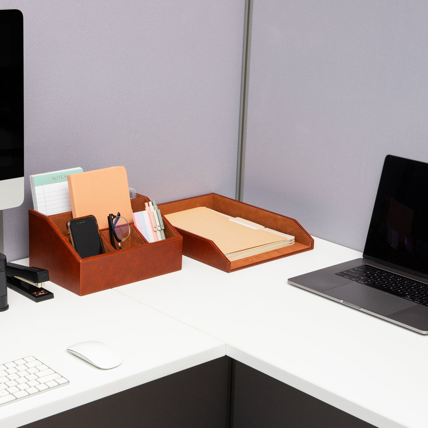 Mind Reader PU Leather Desk Organizer and Letter Tray Set, Stackable Paper Tray, Pen Cup and Card Holder, Brown