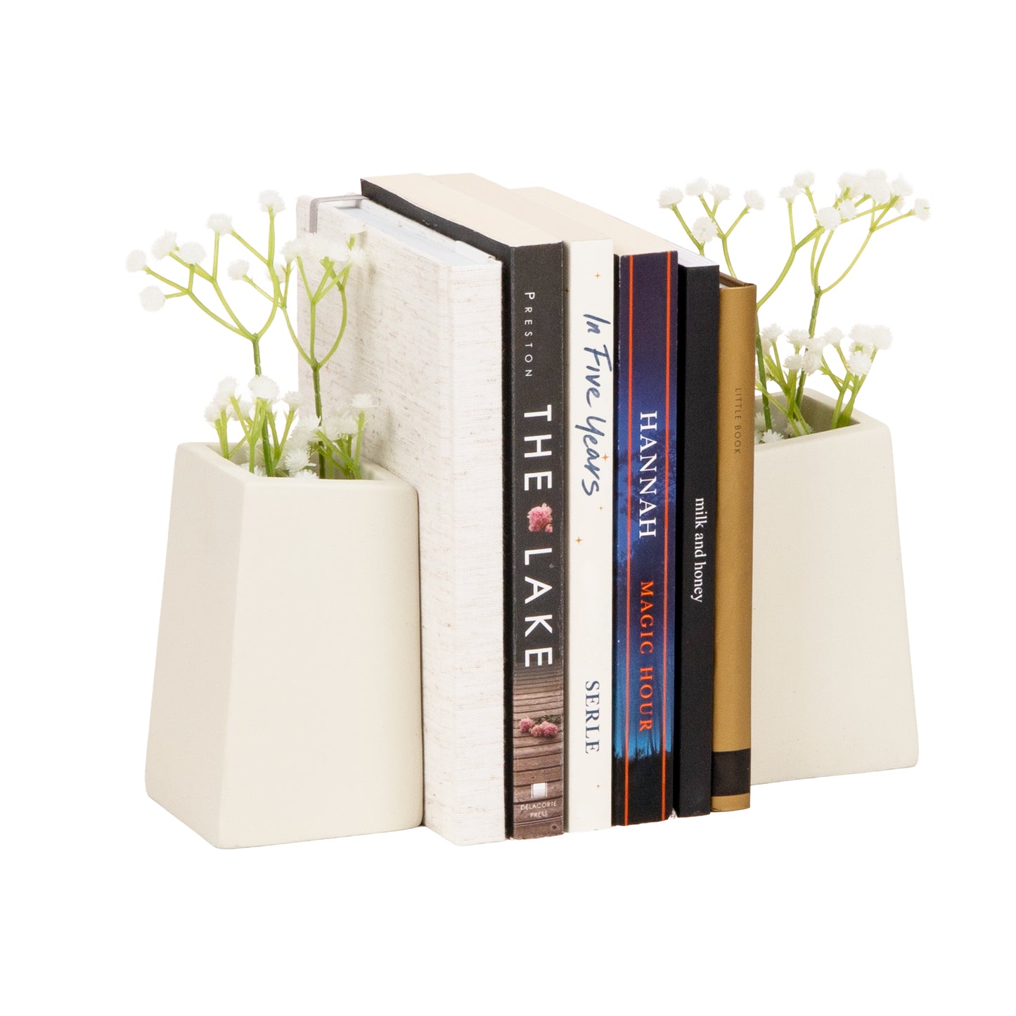 Mind Reader Cement Planter Bookends with Faux Plants, Decorative Book Ends for Shelves and Desk, Set of 2, White