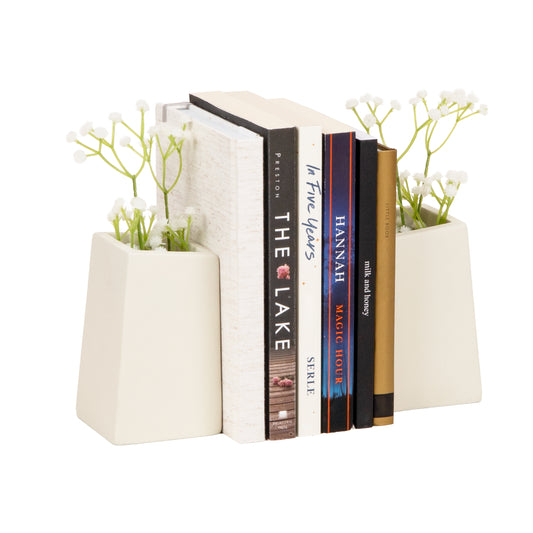Mind Reader Cement Planter Bookends with Faux Plants, Decorative Book Ends for Shelves and Desk, Set of 2, White