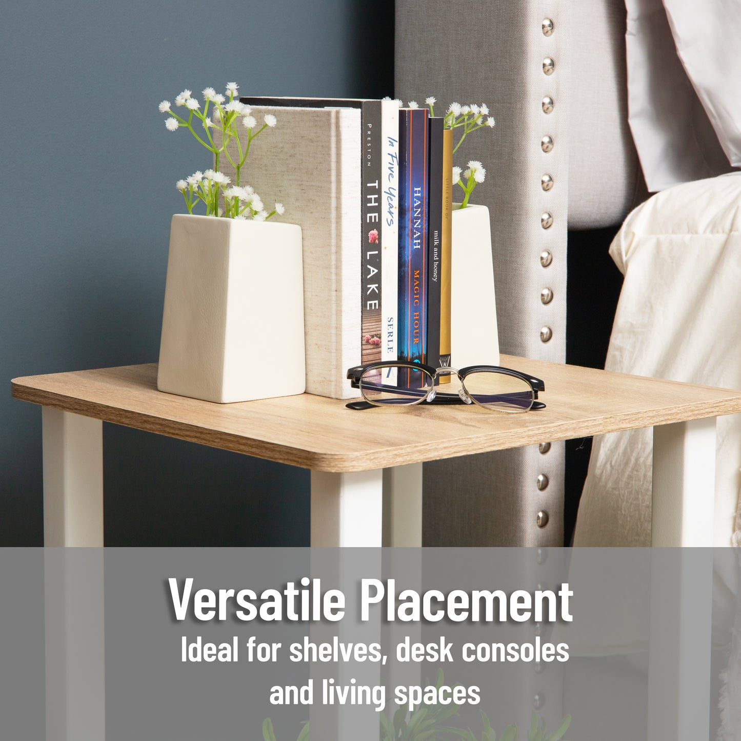 Mind Reader Cement Planter Bookends with Faux Plants, Decorative Book Ends for Shelves and Desk, Set of 2, White