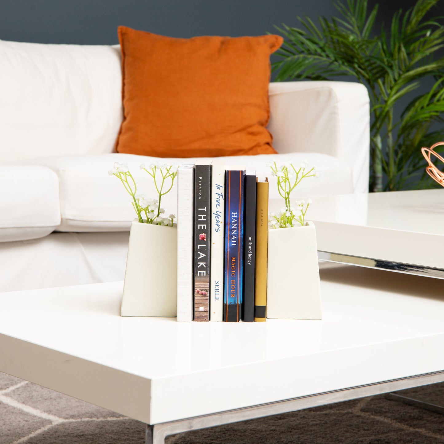 Mind Reader Cement Planter Bookends with Faux Plants, Decorative Book Ends for Shelves and Desk, Set of 2, White