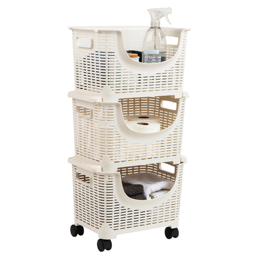 Mind Reader Basket Collection, Mobile 3-Tier Storage Cart, Detachable and Stackable Baskets, Wheels Attached to Bottom Bin, Versatile Storage, Ivory