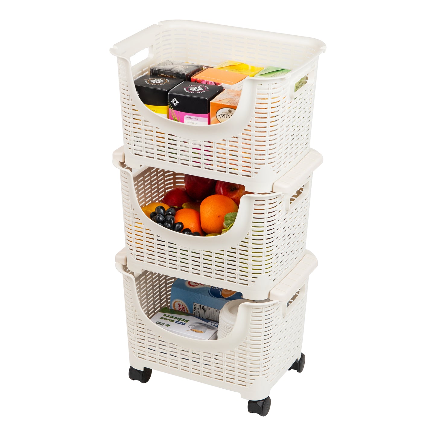 Mind Reader Basket Collection, Mobile 3-Tier Storage Cart, Detachable and Stackable Baskets, Wheels Attached to Bottom Bin, Versatile Storage, Ivory