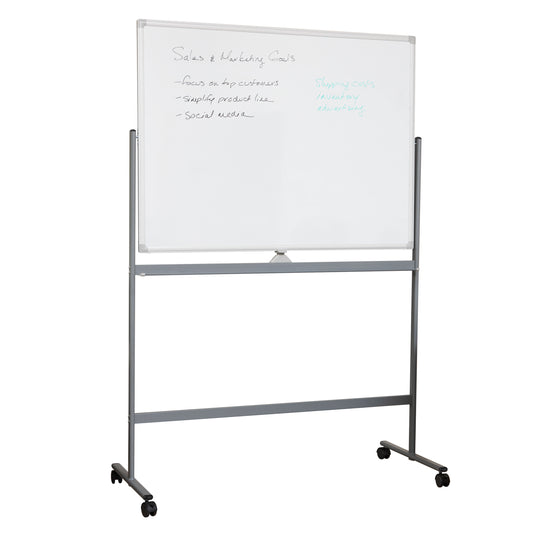 Mind Reader 9-to-5 Collection, Mobile, Double-Sided 47 x 35.5 Dry Erase Magnetic Board with Base and Wheels, Overall Size 49.5"L x 21"W x 73.5"H, White