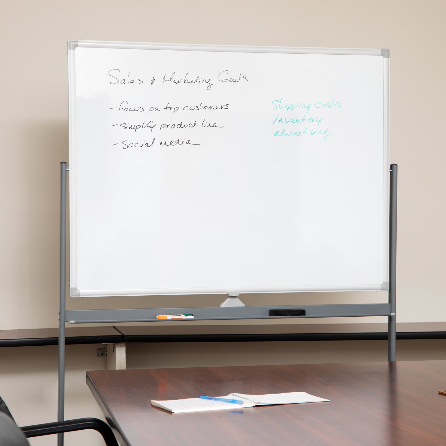 Mind Reader Rolling Double-Sided Dry Erase Magnetic Board, Board Size: 47 x 35.5, Overall Size 49.5"L x 21"W x 73.5"H, White