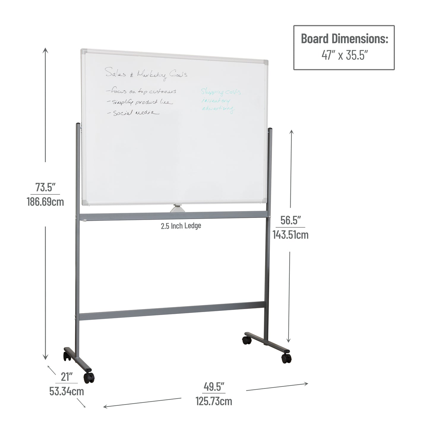 Mind Reader Rolling Double-Sided Dry Erase Magnetic Board, Board Size: 47 x 35.5, Overall Size 49.5"L x 21"W x 73.5"H, White