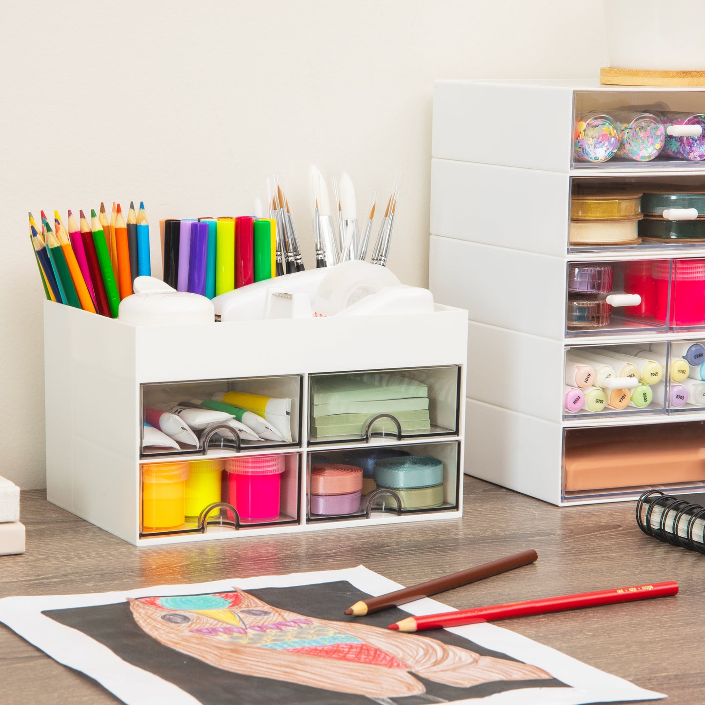 Mind Reader Craft Supply Organizer with Top Tray and 4 Drawers, Desktop Storage for Pens, Scissors, Tape, Beads and Accessories, Plastic, White