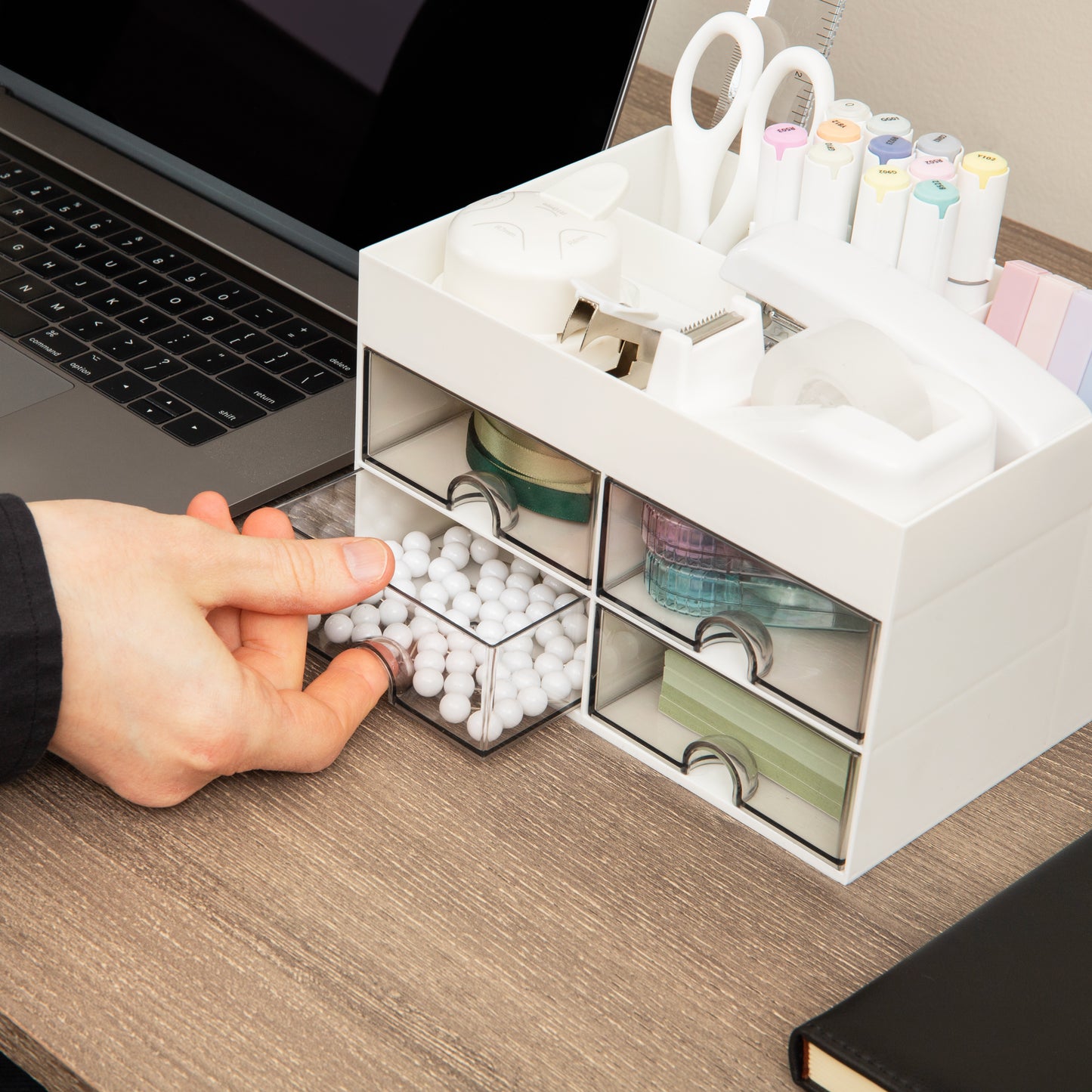 Mind Reader Craft Supply Organizer with Top Tray and 4 Drawers, Desktop Storage for Pens, Scissors, Tape, Beads and Accessories, Plastic, White