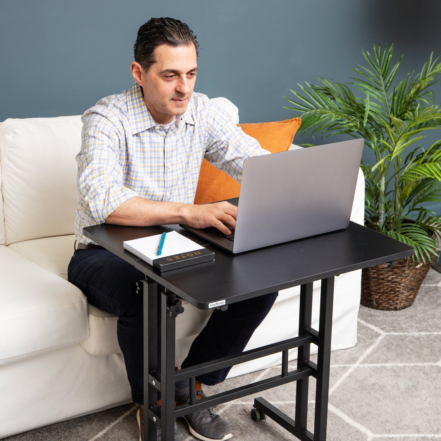 Mind Reader Standing Desk, Adjustable Height Laptop Workstation, Portable Rolling Desk on Wheels, Two-Tier Metal Frame