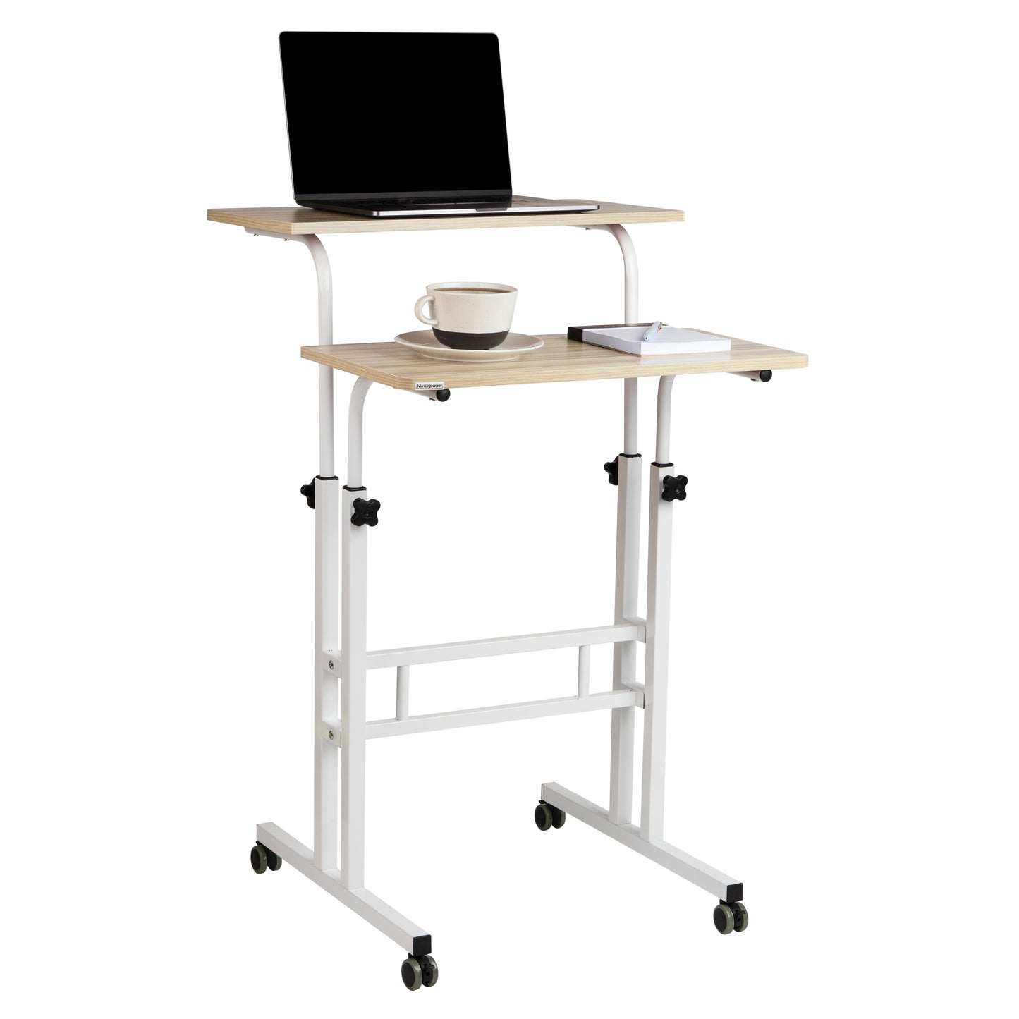 Mind Reader Standing Desk, Adjustable Height Laptop Workstation, Portable Rolling Desk on Wheels, Two-Tier Metal Frame