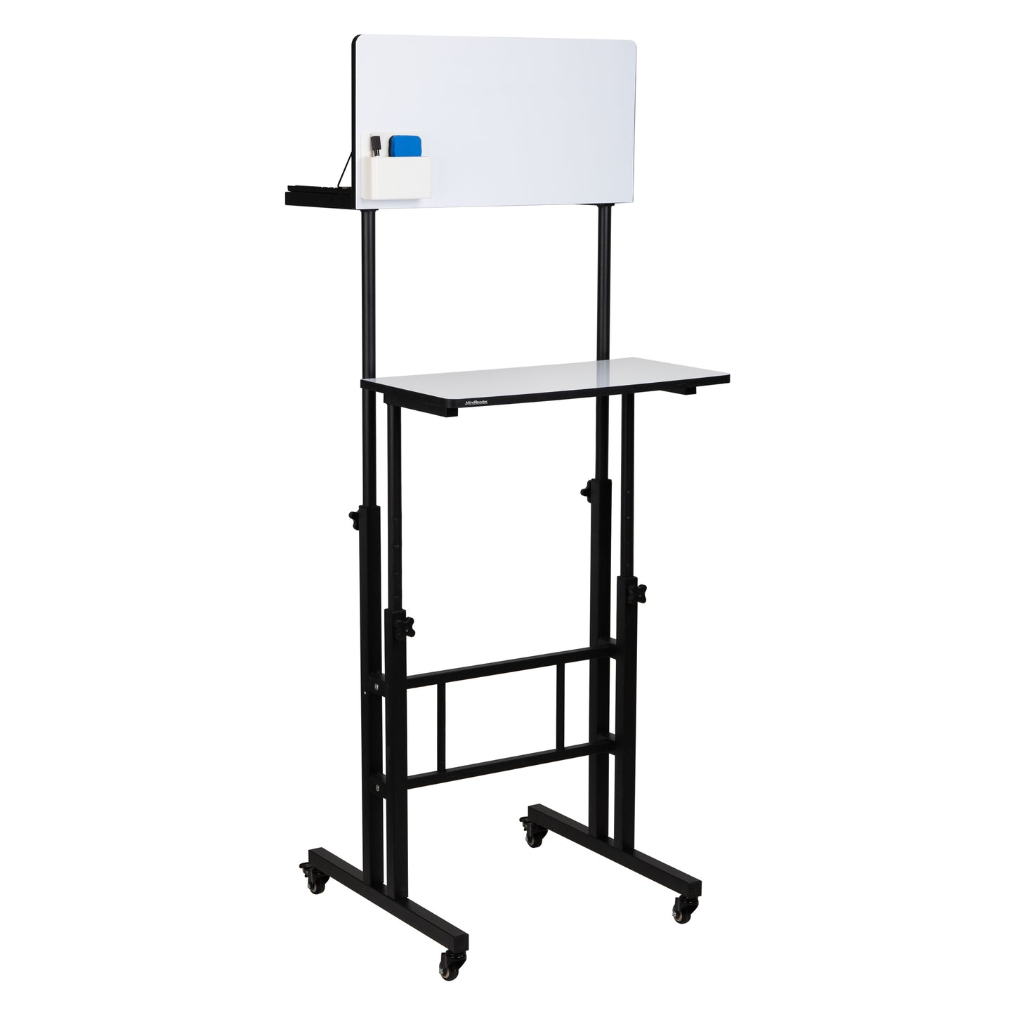 Mind Reader Standing Whiteboard Desk, Adjustable Height, Computer Desk, Laptop Desk, Portable, Rolling, 21"L x 21.5"W x 68.5"H, White