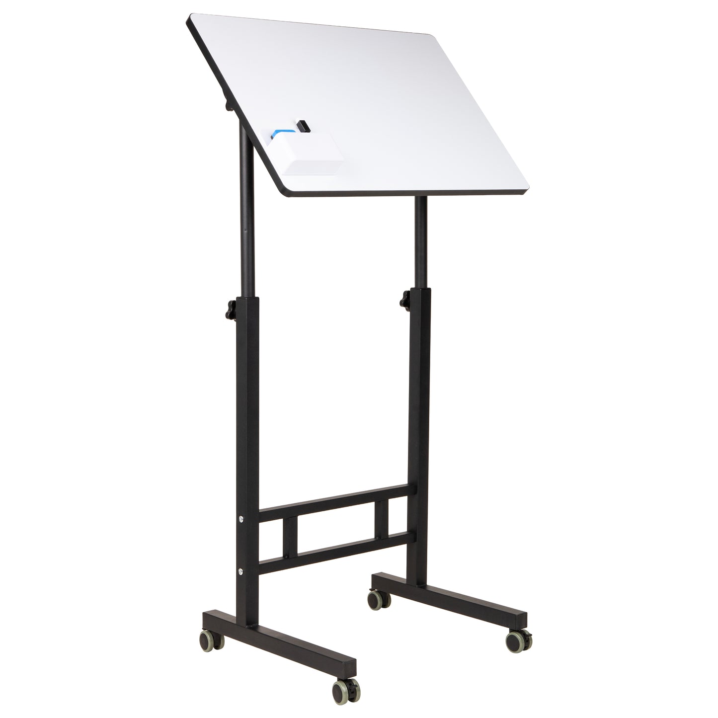 Mind Reader Standing Whiteboard Desk with Adjustable Height, Rolling Laptop Workstation with Magnetic Writing Surface and Accessories, Sit or Stand Portable Workstation, White