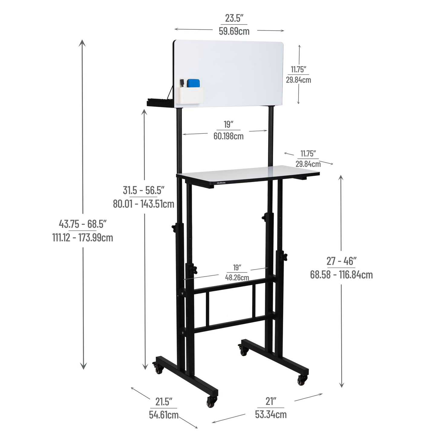 Mind Reader Standing Whiteboard Desk, Adjustable Height, Computer Desk, Laptop Desk, Portable, Rolling, 21"L x 21.5"W x 68.5"H, White