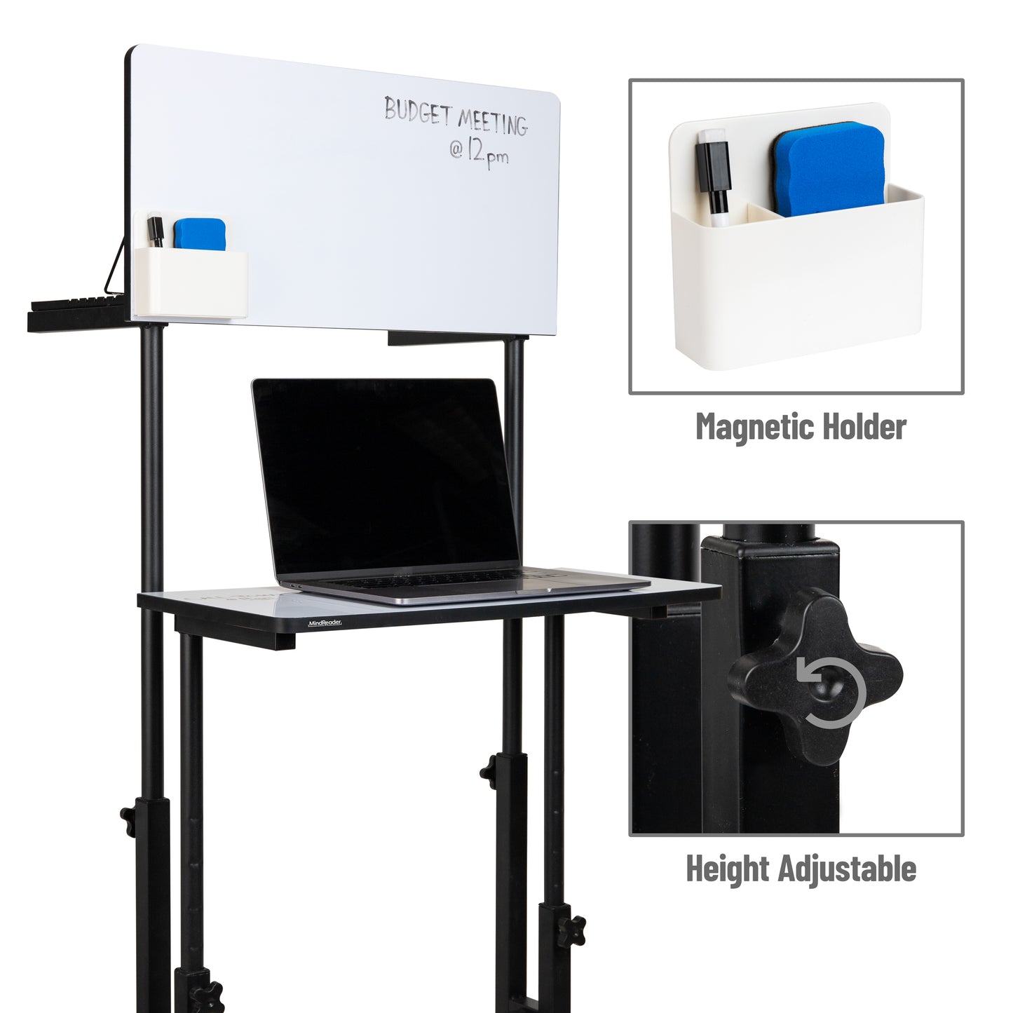 Mind Reader Standing Whiteboard Desk, Adjustable Height, Computer Desk, Laptop Desk, Portable, Rolling, 21"L x 21.5"W x 68.5"H, White