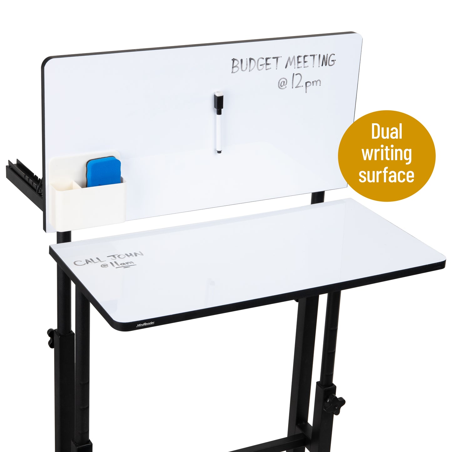 Mind Reader Standing Whiteboard Desk, Adjustable Height, Computer Desk, Laptop Desk, Portable, Rolling, 21"L x 21.5"W x 68.5"H, White