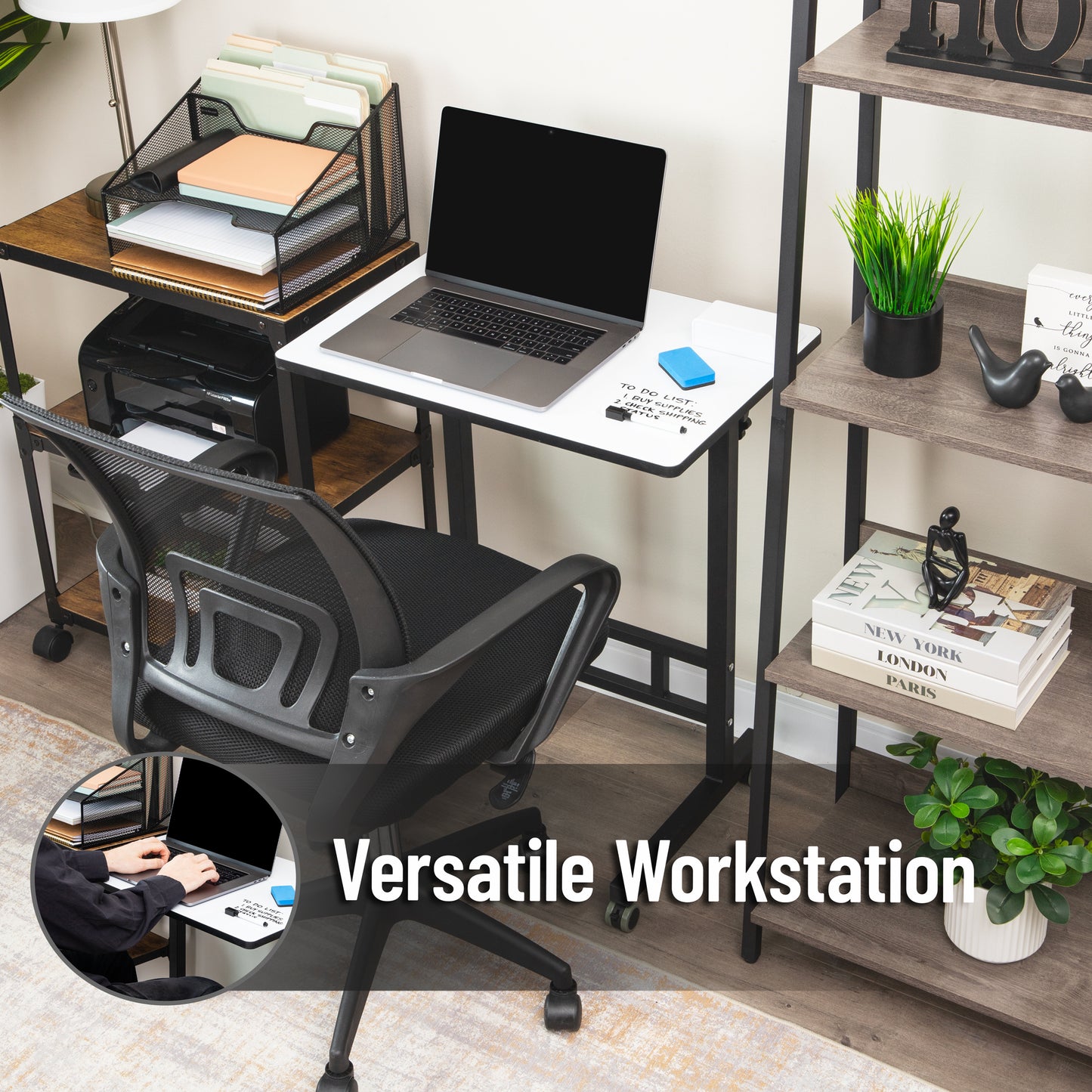 Mind Reader Standing Whiteboard Desk with Adjustable Height, Rolling Laptop Workstation with Magnetic Writing Surface and Accessories, Sit or Stand Portable Workstation, White