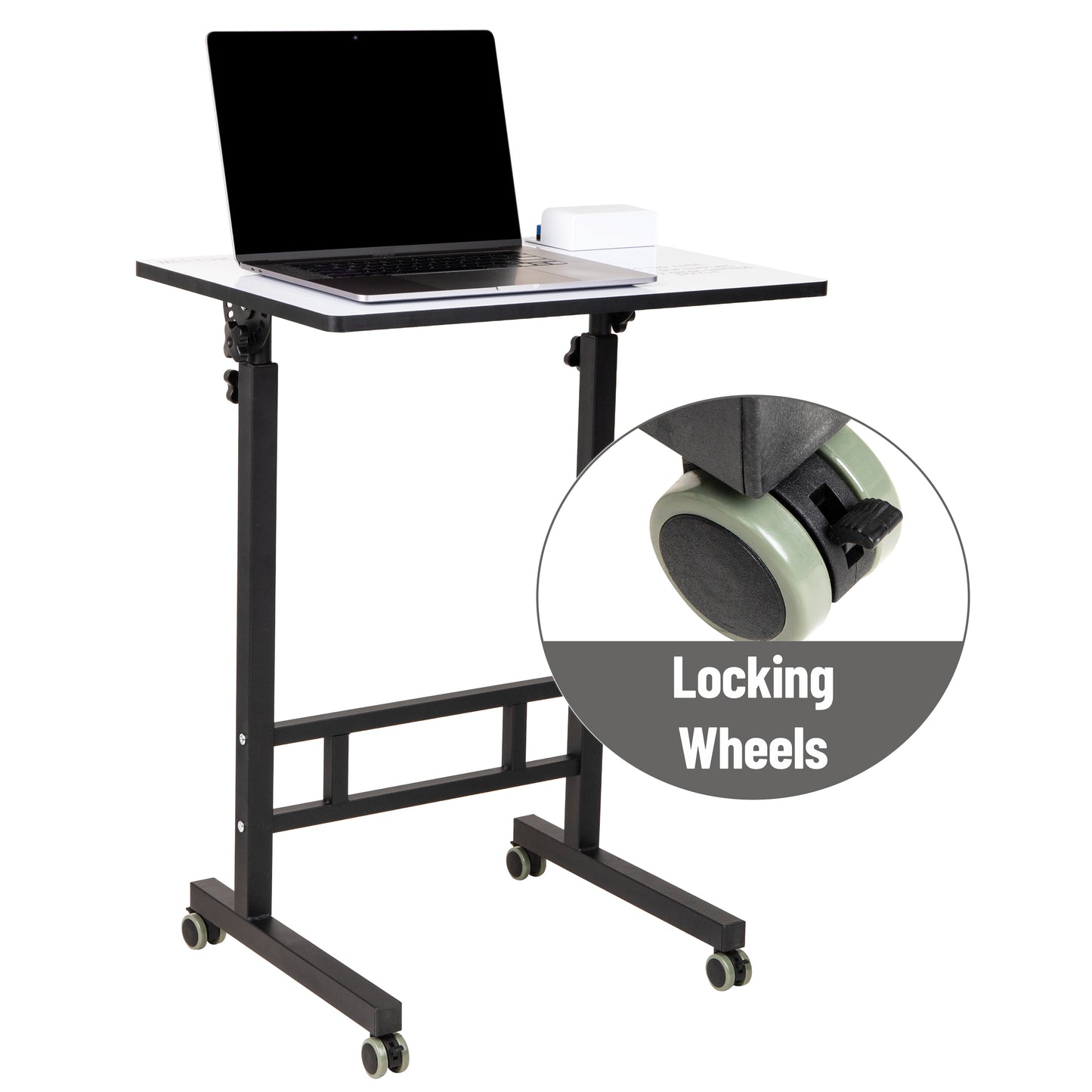 Mind Reader Standing Whiteboard Desk with Adjustable Height, Rolling Laptop Workstation with Magnetic Writing Surface and Accessories, Sit or Stand Portable Workstation, White