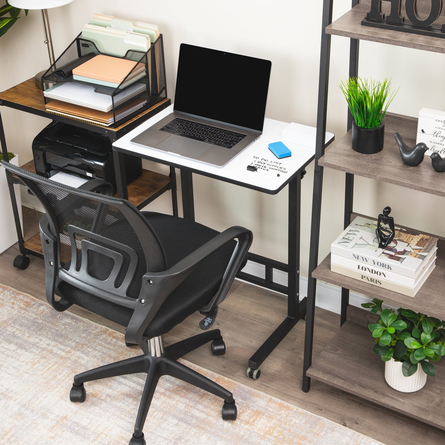 Mind Reader Standing Whiteboard Desk with Adjustable Height, Rolling Laptop Workstation with Magnetic Writing Surface and Accessories, Sit or Stand Portable Workstation, White