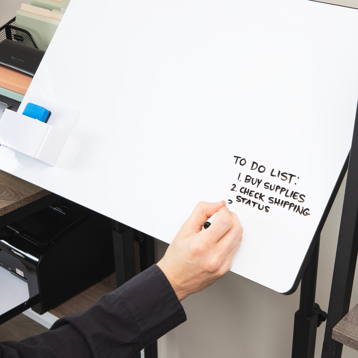 Mind Reader Standing Whiteboard Desk with Adjustable Height, Rolling Laptop Workstation with Magnetic Writing Surface and Accessories, Sit or Stand Portable Workstation, White