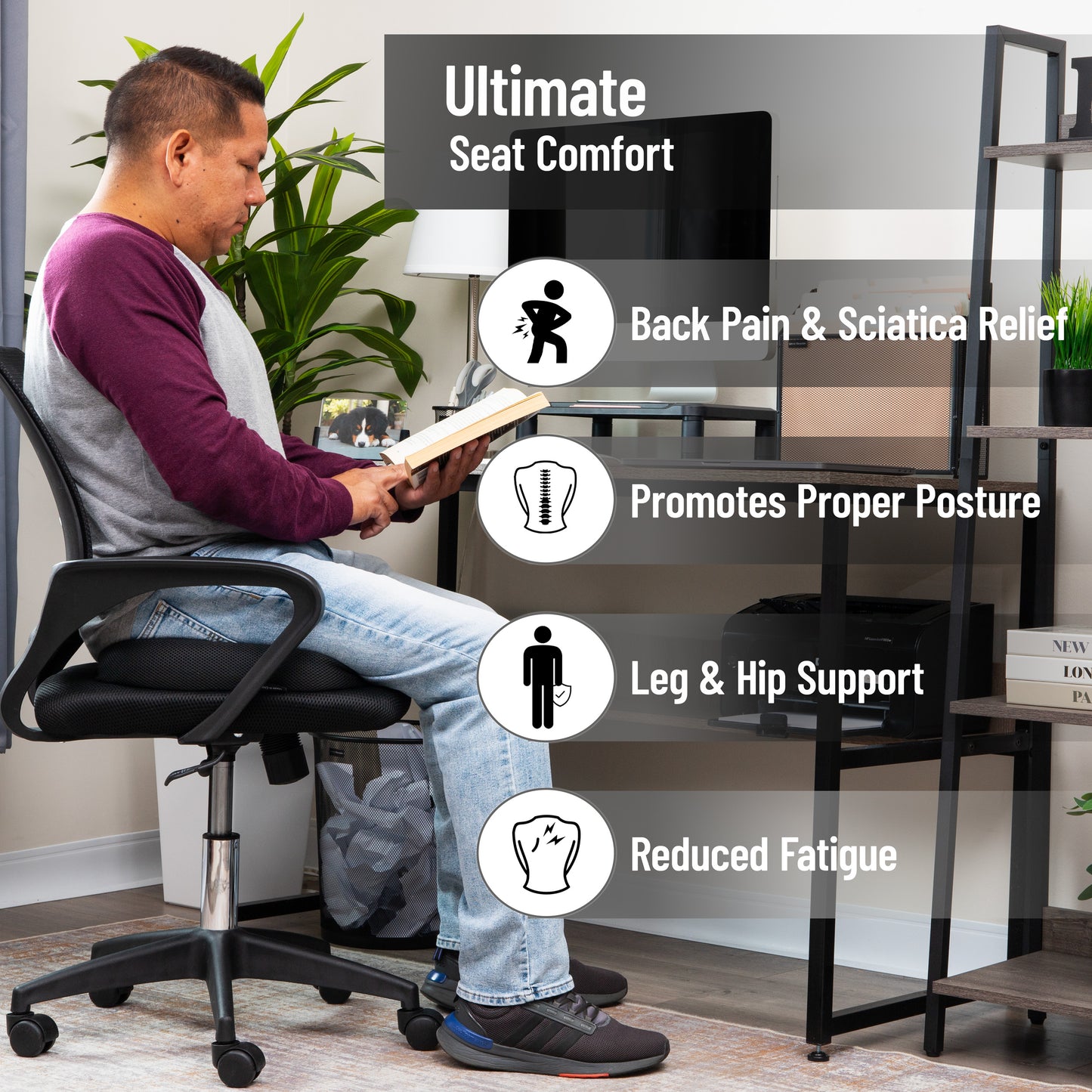 Mind Reader Memory Foam Seat Cushion with Air-Cloud Technology, Ergonomic Pressure Relief for Office Chair, Car, or Wheelchair, Sciatica, Coccyx, Tailbone & Hip Pain Support, Office, Memory Foam, 18"L x 13.5"W x 2.75"H
