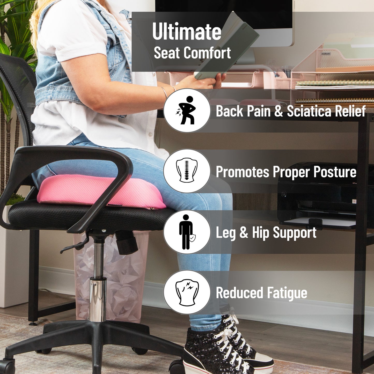 Mind Reader Memory Foam Seat Cushion with Air-Cloud Technology, Tailbone Cutout for Sciatica & Coccyx Relief, Non-Slip, Office Chair Cushion, Pink