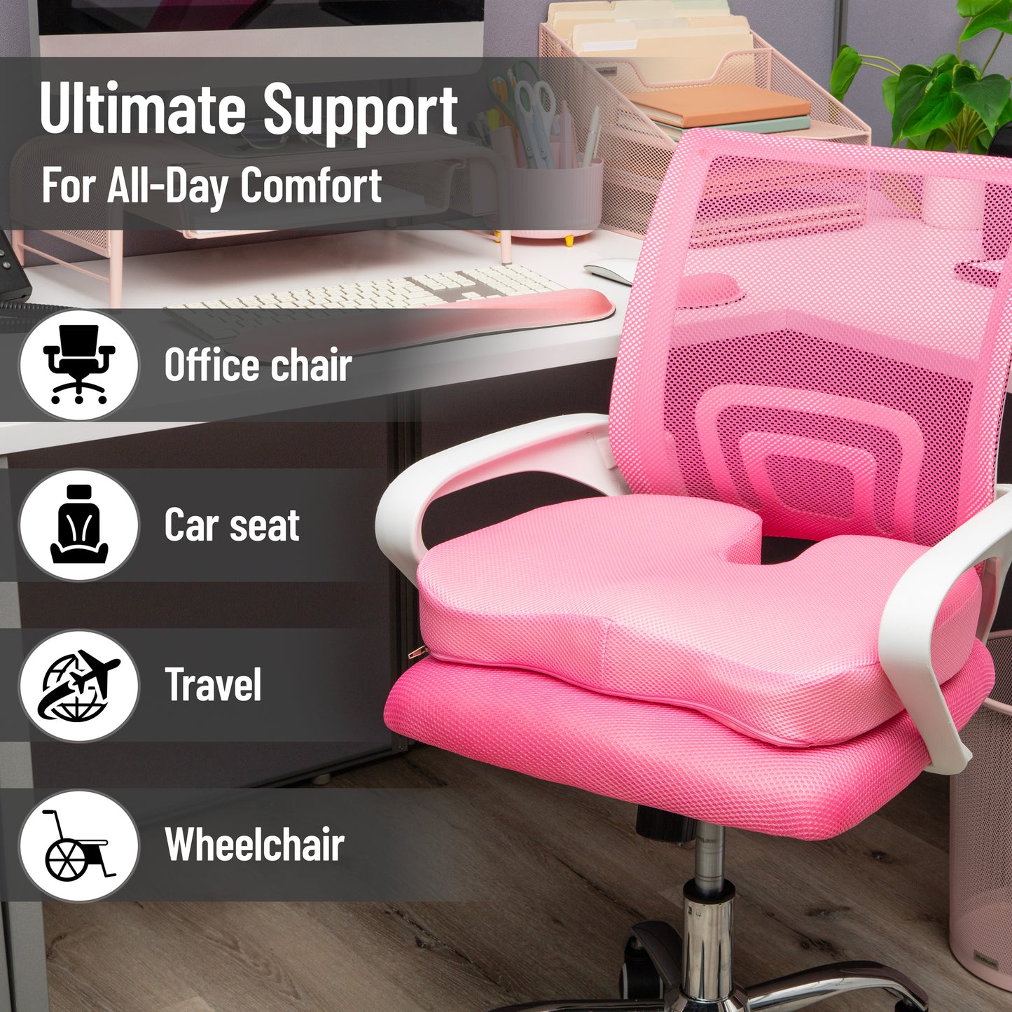Mind Reader Memory Foam Seat Cushion with Air-Cloud Technology, Tailbone Cutout for Sciatica & Coccyx Relief, Non-Slip, Office Chair Cushion, Pink