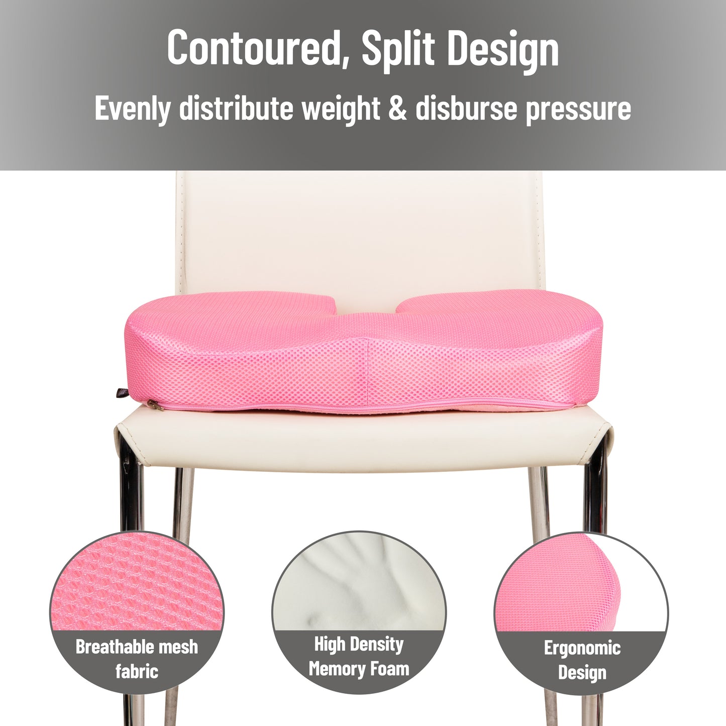 Mind Reader Memory Foam Seat Cushion with Air-Cloud Technology, Tailbone Cutout for Sciatica & Coccyx Relief, Non-Slip, Office Chair Cushion, Pink
